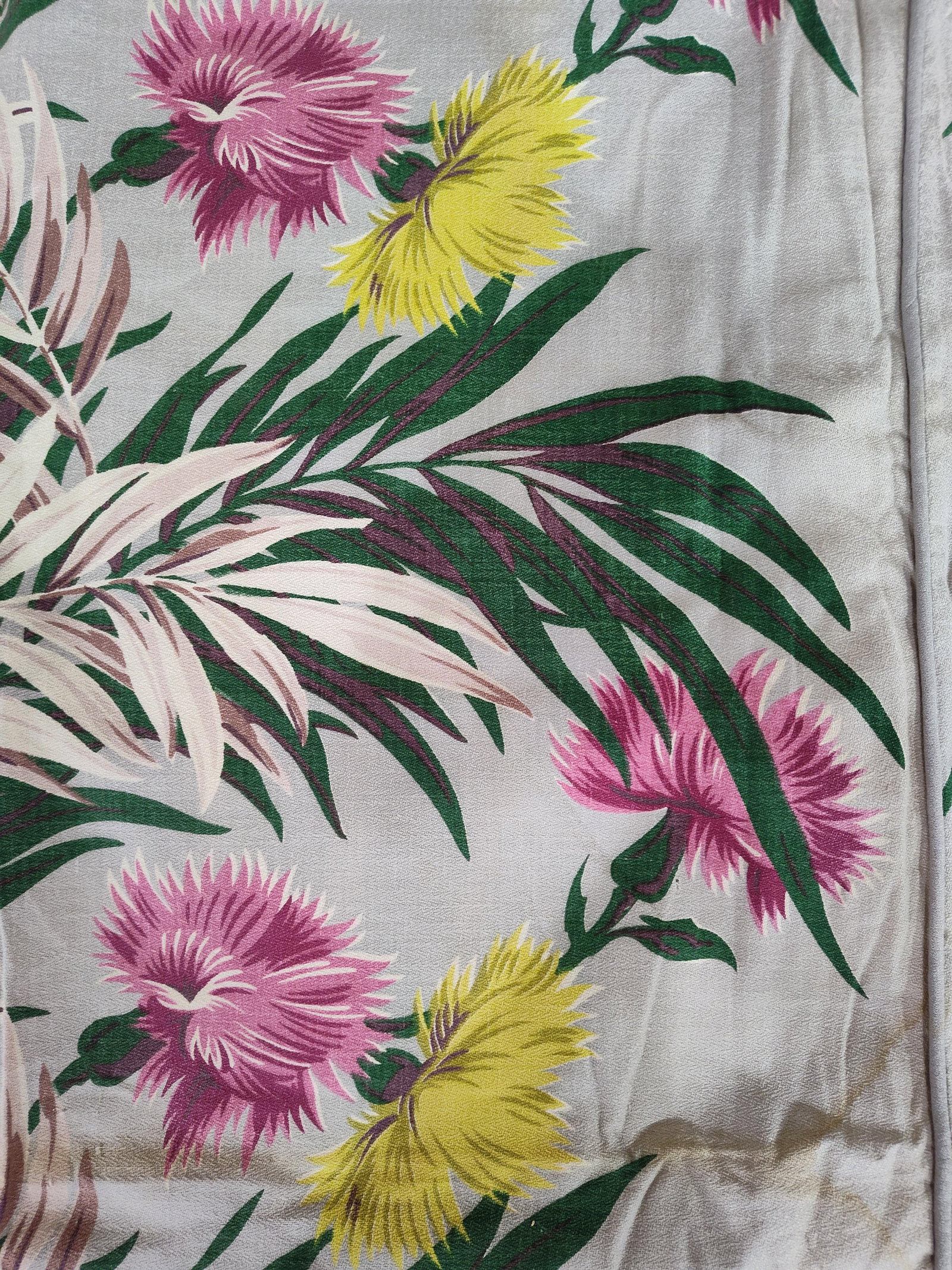 Mid-C. Floral Print Bedspread or Textile Panel: This is a large-scale vintage textile panel, likely intended for use as a bedspread or oversized decorative coverlet, featuring a bold botanical motif. The fabric is a lightweight, soft material with 