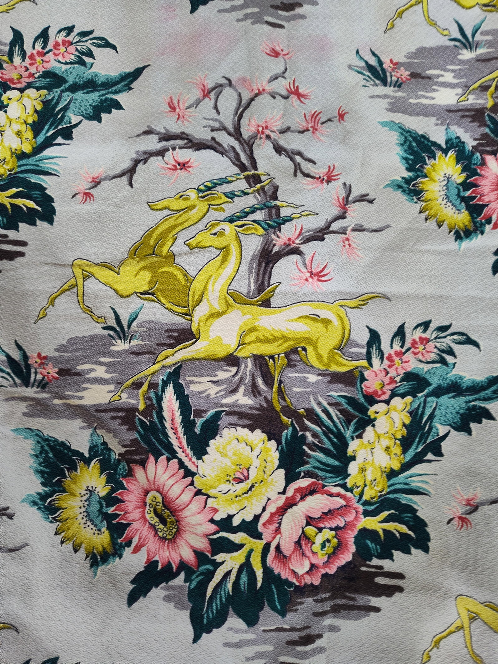Pair Mid-C. Barkcloth Gazelle & Floral Panels: A pair of large vintage fabric panels featuring a mid-century novelty print in the style of designer Margaret Meier. The pictorial pattern consists of a repeating motif of stylized, leaping golden gaz