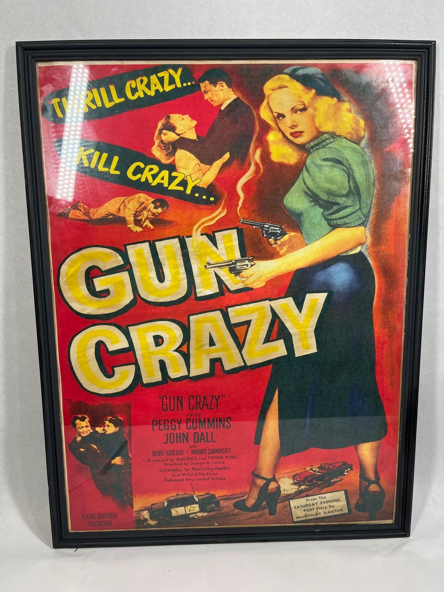 Gun Crazy (1950) Film Noir Poster: This framed vintage commercial lithographic movie poster is for the 1950 film noir classic Gun Crazy, which was also released under the title Deadly Is the Female. The poster features dynamic, pulp-in