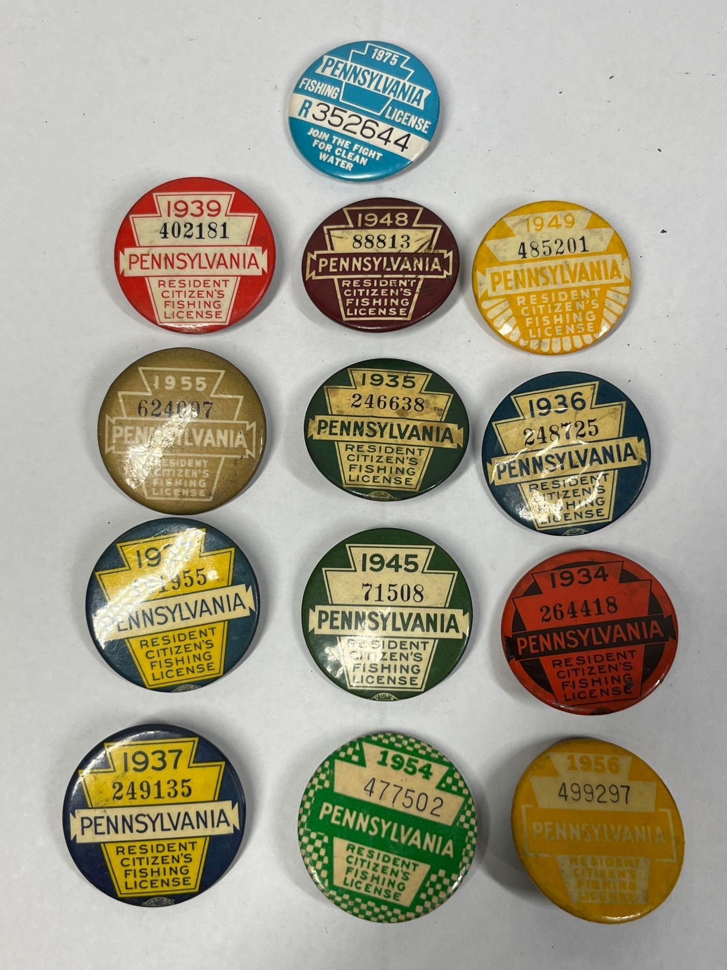 13 PA Fishing License Buttons 1934-1975 (1 of 4)