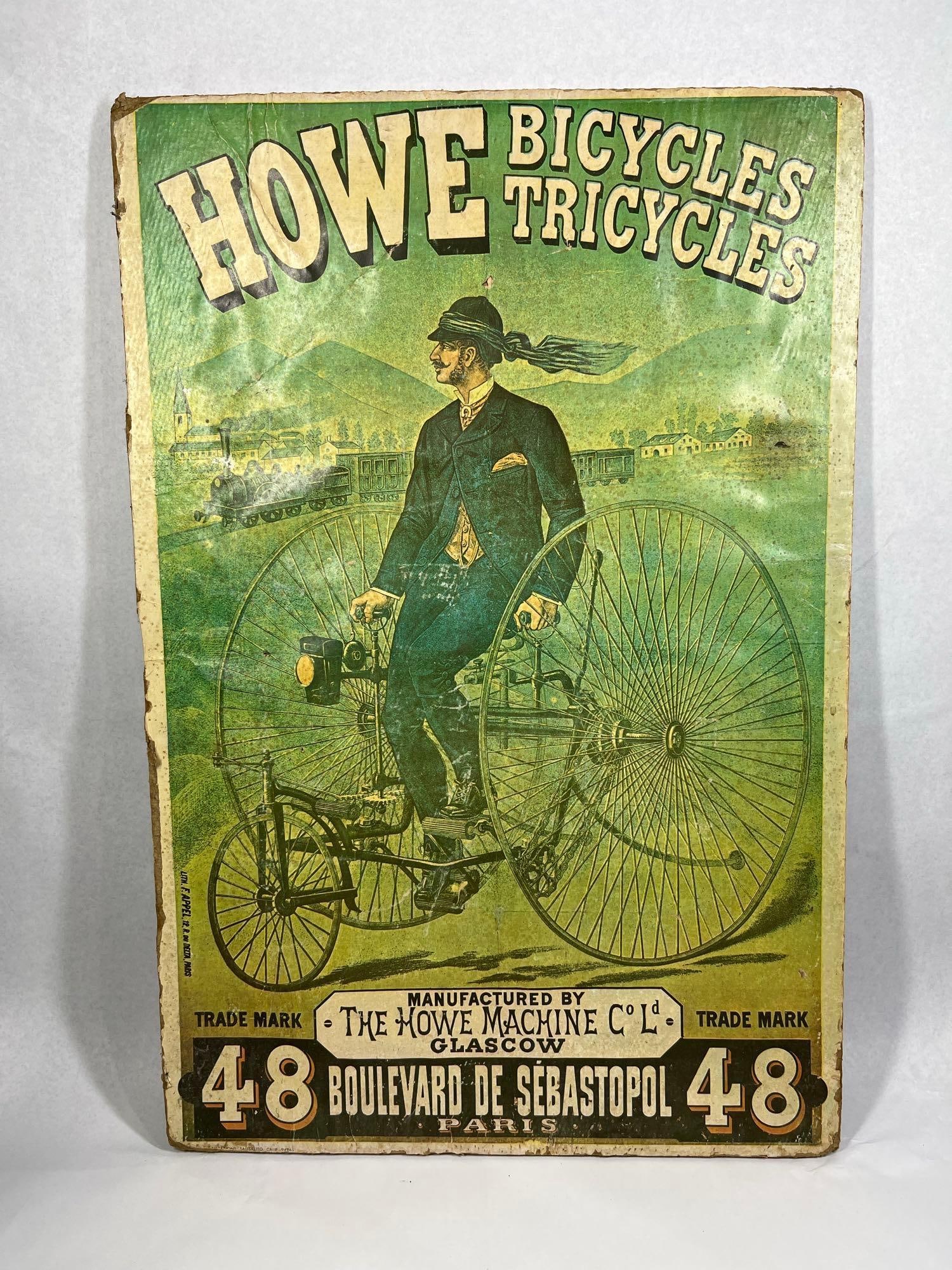 Howe Bicycles & Tricycles Plaque: 29x19.5 This item is a late 20th-century reproduction of a Victorian-era advertising poster for Howe Bicycles and Tricycles. The plaque features a lithographed paper print mounted onto a thick brown c
