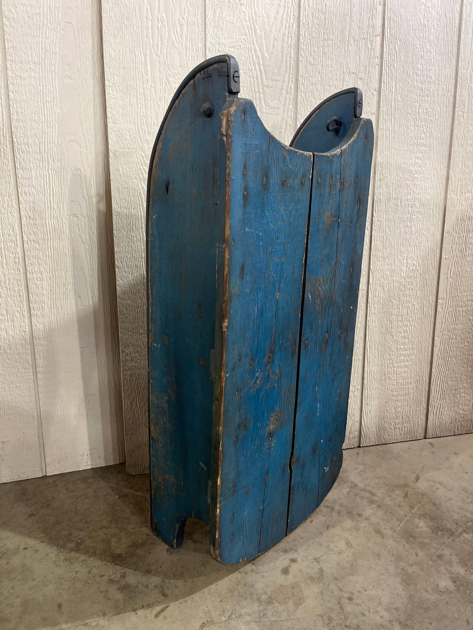 Antique Primitive Blue Child Hand Sled: 34x16x8 An antique children?s hand sled, likely of American primitive origin from the late 19th or early 20th century. The construction consists of a two-plank wooden deck supported by two wooden runn
