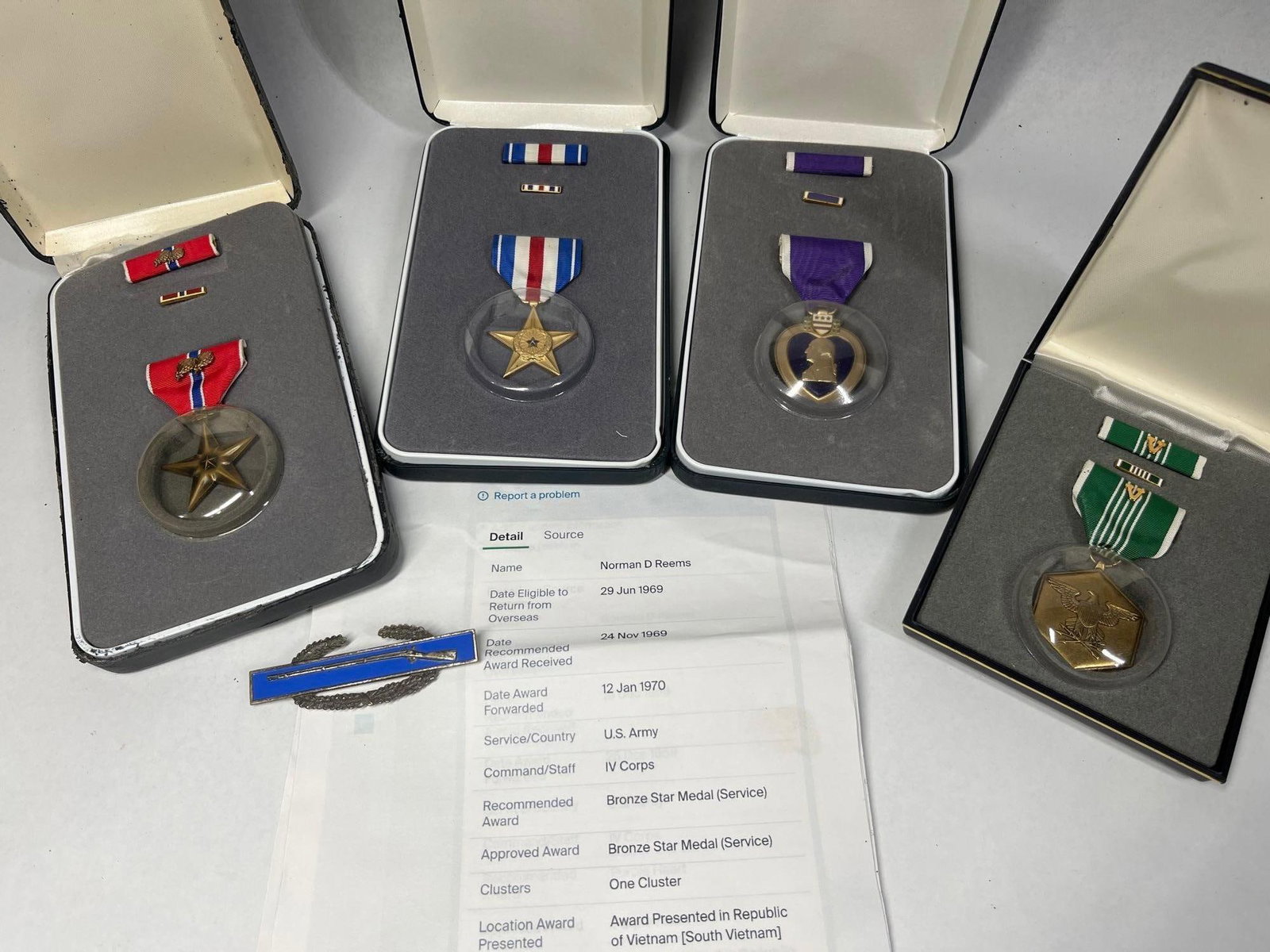 Named Vietnam War U.S. Army Medal Grouping for Staff Sergeant Norman D. Reems, IV Corps: A named U.S. Army medal and research grouping belonging to Staff Sergeant Norman D. Reems, who served with the IV Corps during the Vietnam War. This collection features four officially engraved