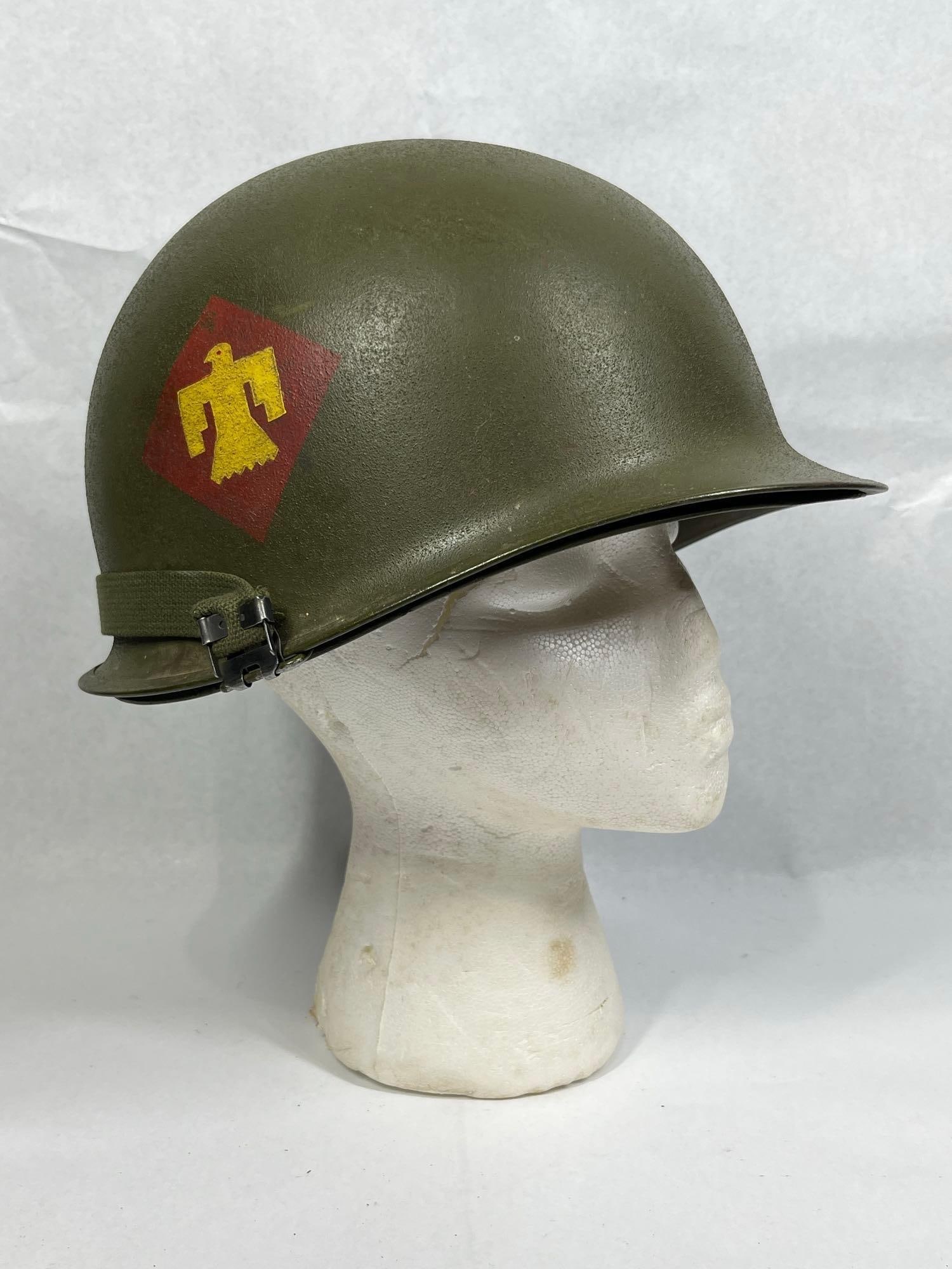 US Army M1 Steel Combat Helmet and Liner with 45th Infantry Division Thunderbird Insignia (1 of 4)