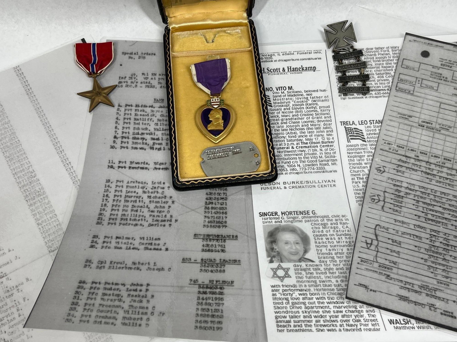 A Collection of WWII US Army 45th Infantry Division Medals and Documents Awarded to Leo S. Trela: This personal archive and medal grouping documents the World War II service of Leo S. Trela, who served as a rifleman in Company A, 180th Infantry Regiment, 45th Infantry Division. The collection feat