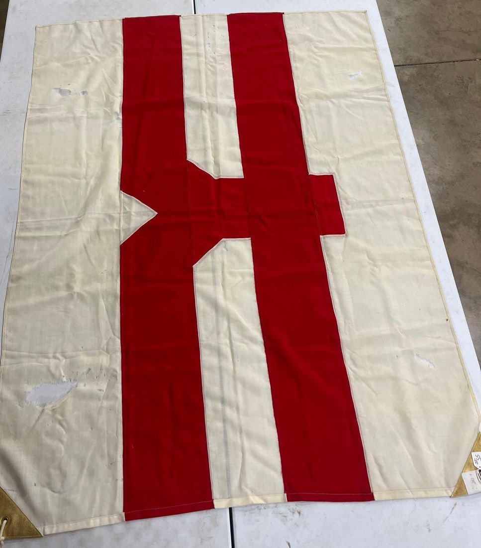 Japanese Osaka Shosen Kaisha OSK Line Captured Soldier Ship Flag: An original Japanese maritime house flag for the Osaka Shosen Kaisha (OSK Line), specifically attributed to the vessel Mexico Maru according to the included provenance documentation. The flag is const