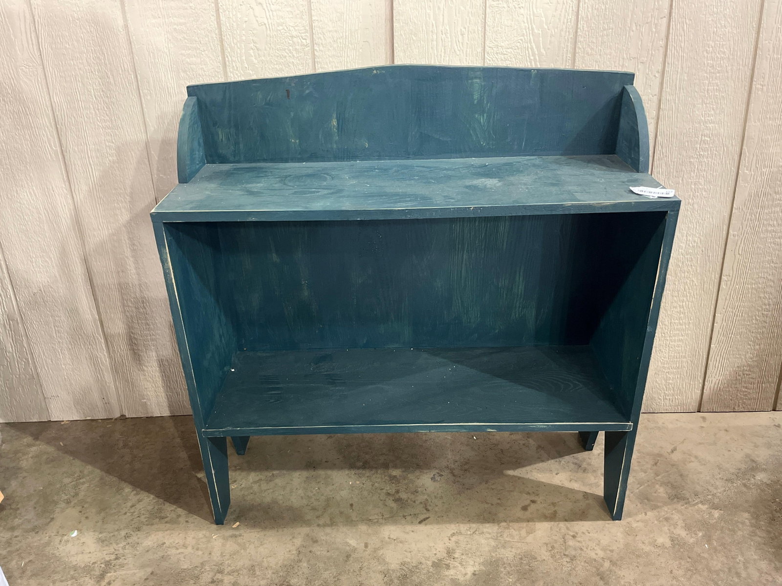 American Country Painted Bucket Bench: 36x13x36 This is a contemporary American country-style bucket bench or open shelving unit constructed of solid wood. The piece features a rectangular top surface enclosed by a low three-sided gallery 