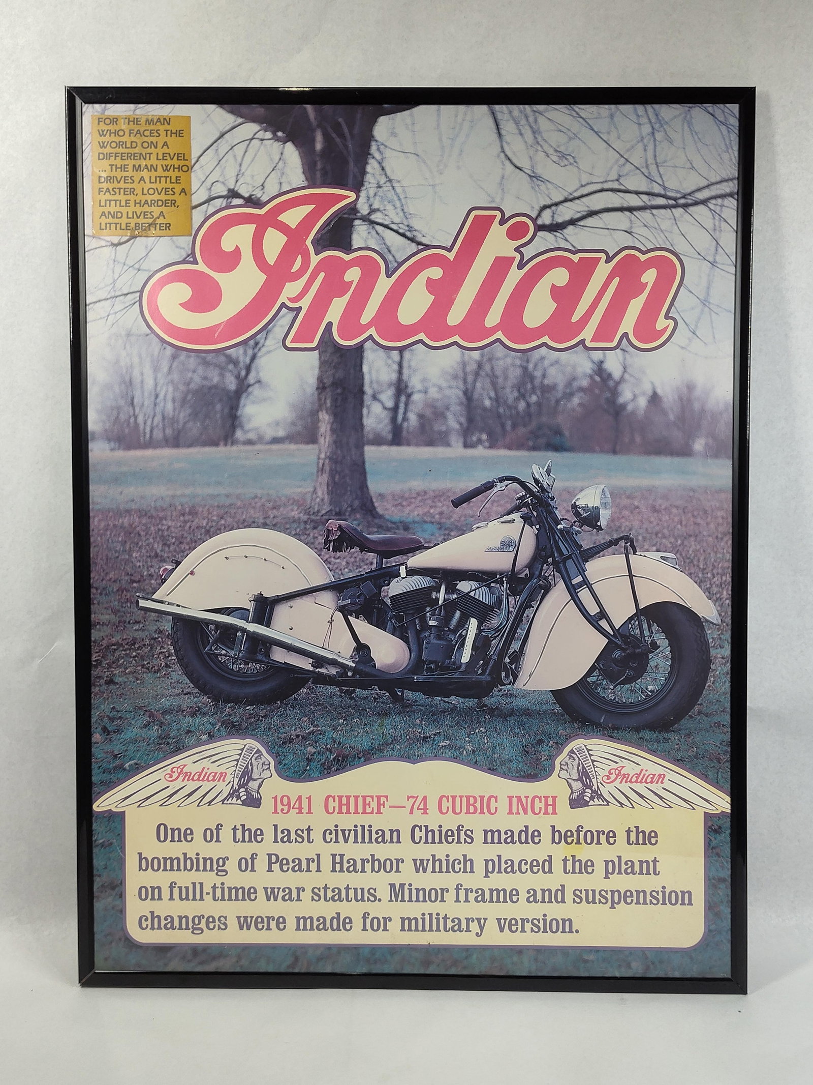 1941 Indian Chief Motorcycle Print: 24x18 This framed decorative print features a photographic image of a cream-colored 1941 Indian Chief 74 Cubic Inch motorcycle. The photograph is consistent with the work of motorcycle photographer Ga