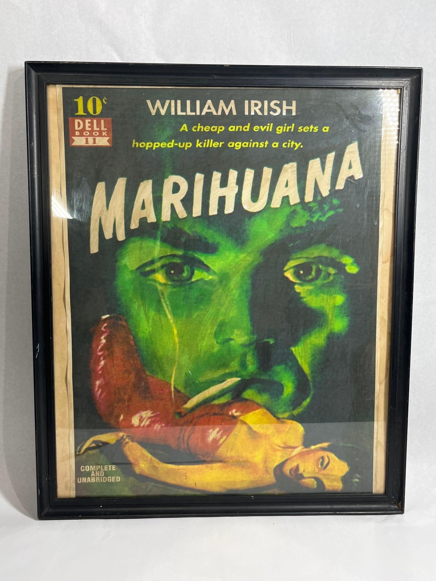 Irish, William, Marihuana Book, 1943: 25x21 A framed vintage paperback edition of the book Marihuana by William Irish, a pseudonym for the suspense writer Cornell Woolrich. This publication is identified as Dell Book 11, released by the