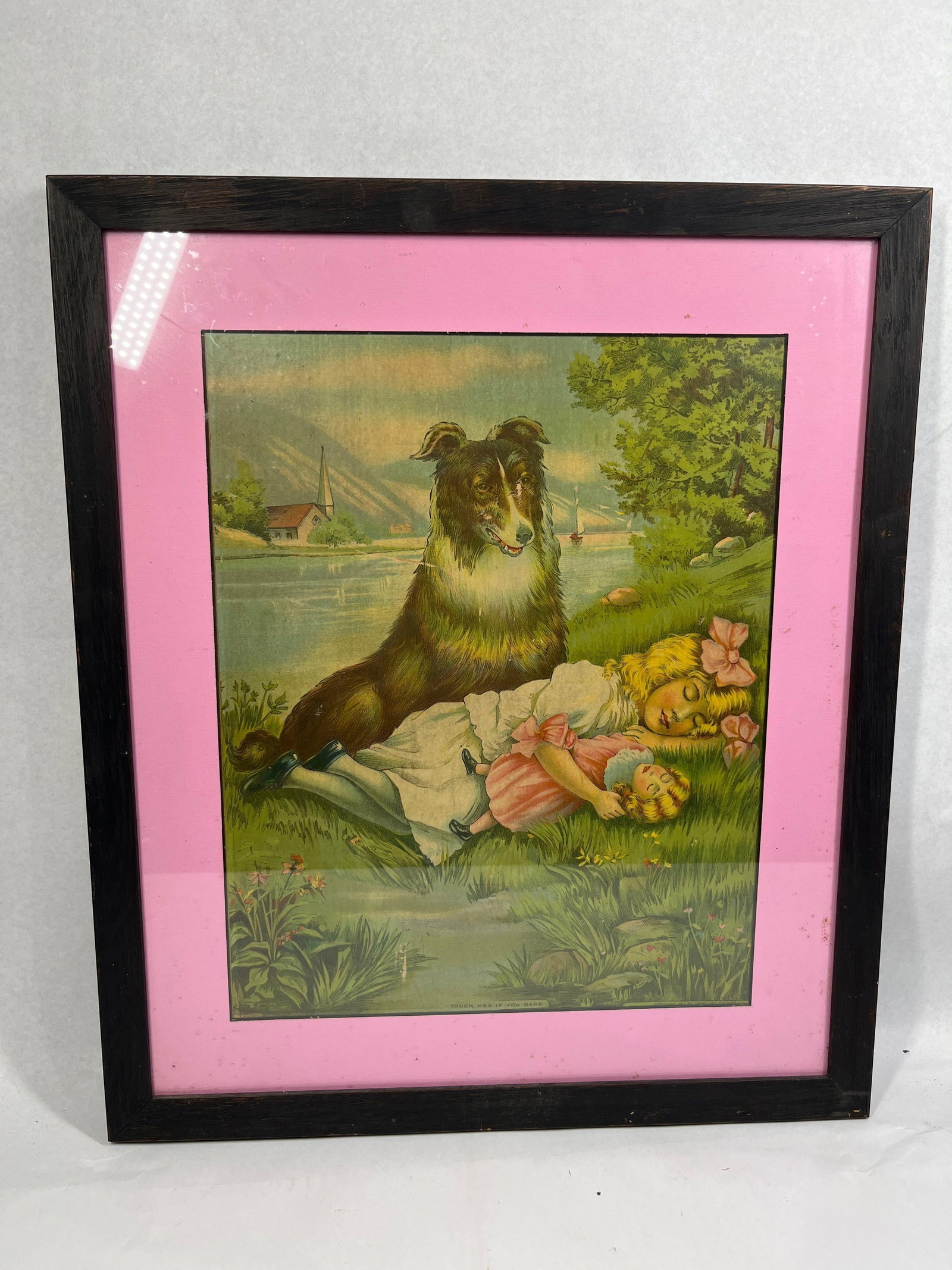 James Lee Print: Touch Her If You Dare: 17.5x20.5 An early 20th-century chromolithograph titled Touch Her If You Dare, produced by James Lee of Chicago. The image features a sentimental Victorian-style scene of a young girl with blonde