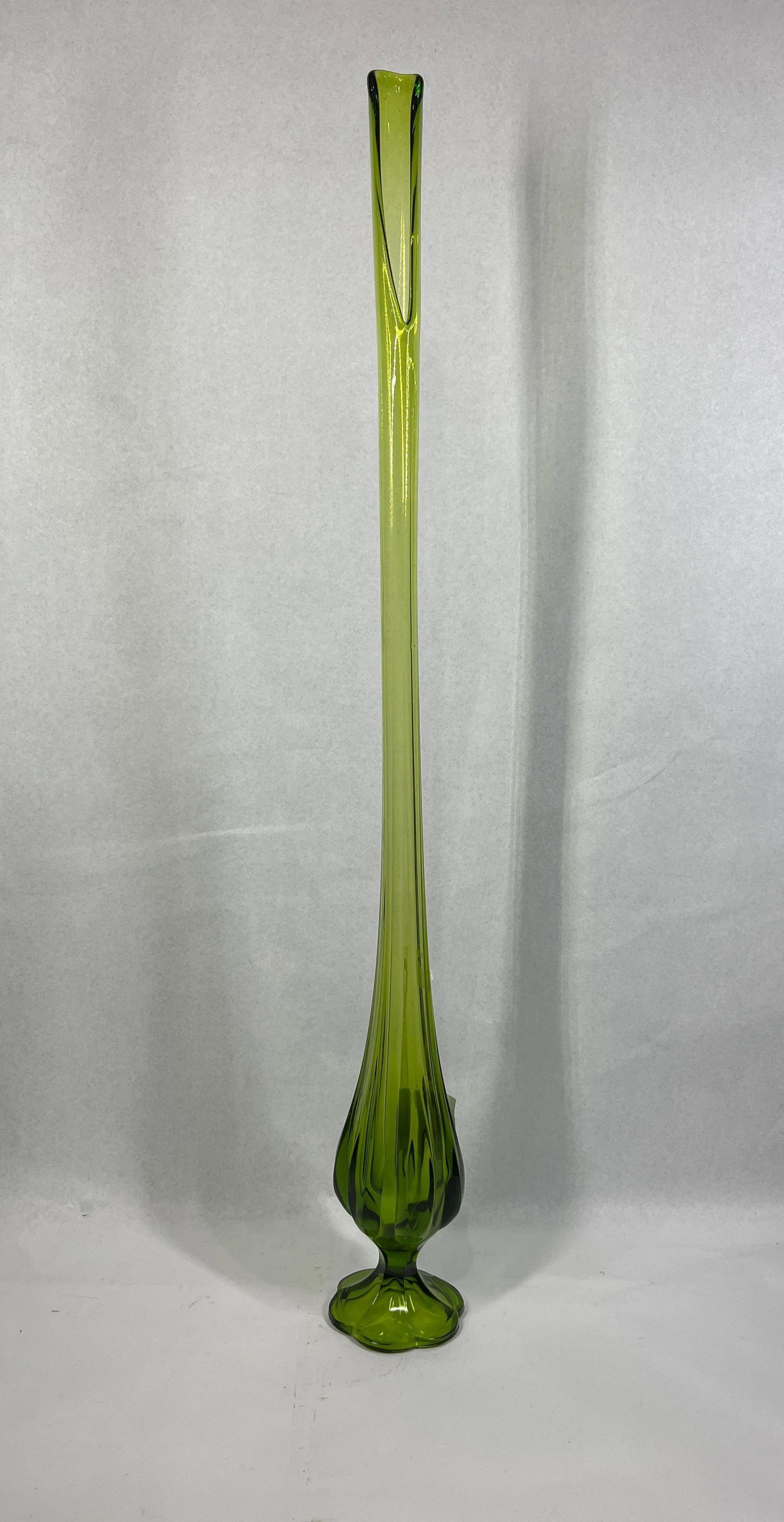 Smith/Viking Green Swung Glass Vase: 34in A large mid-century modern decorative glass vase in a transparent green color, attributed to L.E. Smith or Viking Art Glass. The item is a swung glass vase, characterized by a hand-pulled,