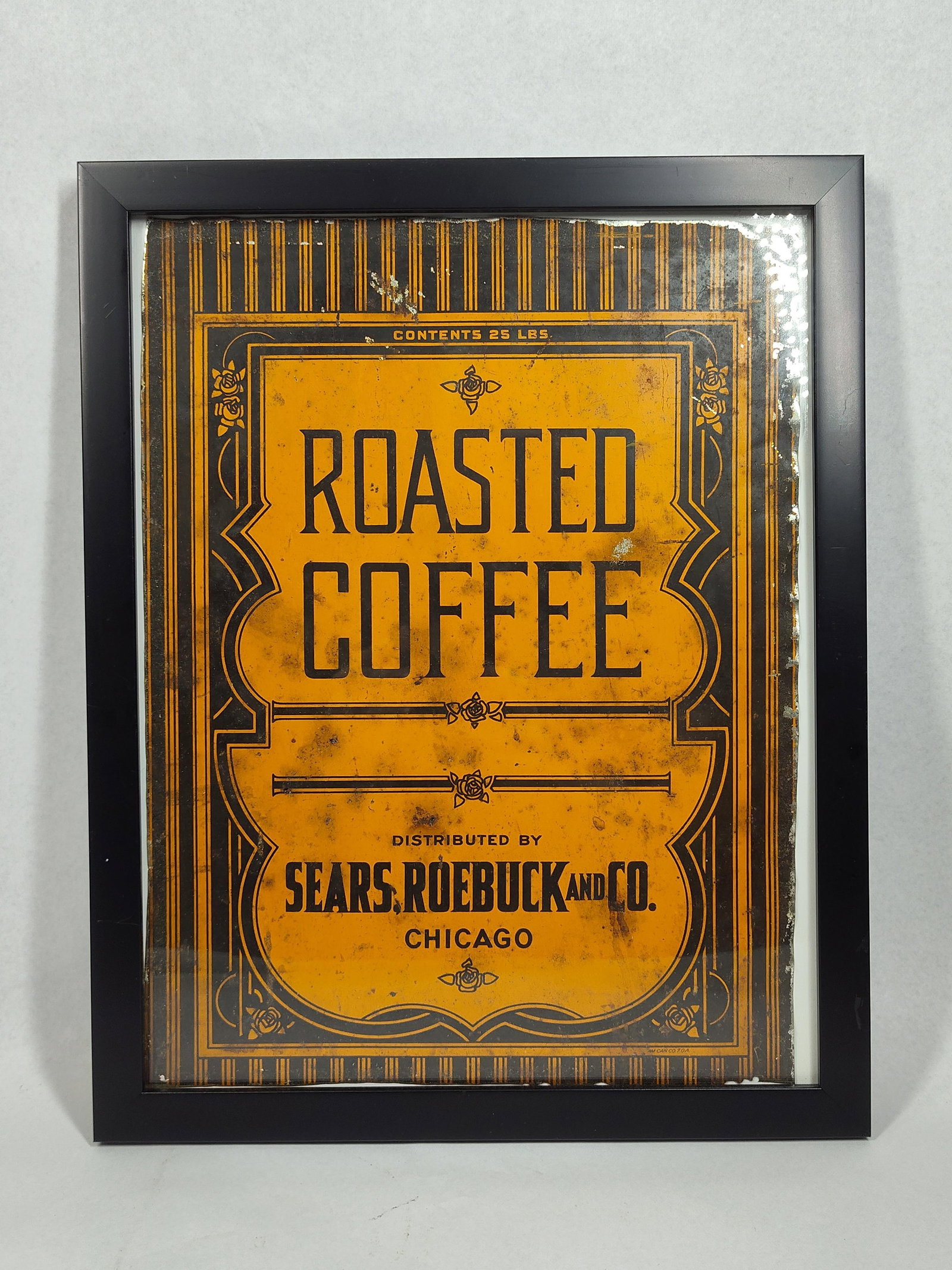 Sears Roebuck Roasted Coffee Tin Sign: 15x12 A framed antique advertising panel, originally the front face of a 25-pound store display coffee bin. The panel is constructed of lithographed tin and is presented in a modern black composite