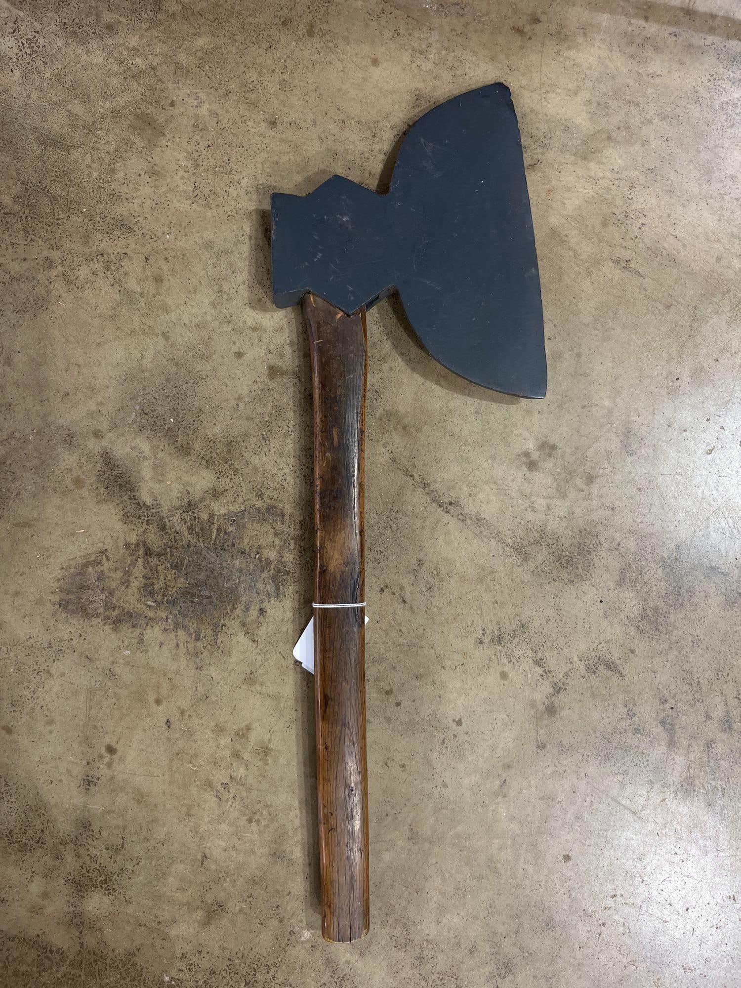 Broad Hewing Axe w/ Offset Wood Handle: 24in handle This antique broad axe, also known as a hewing axe, is a specialized timber-framing tool designed for squaring round logs. The tool features a large, asymmetrical forged steel head with a