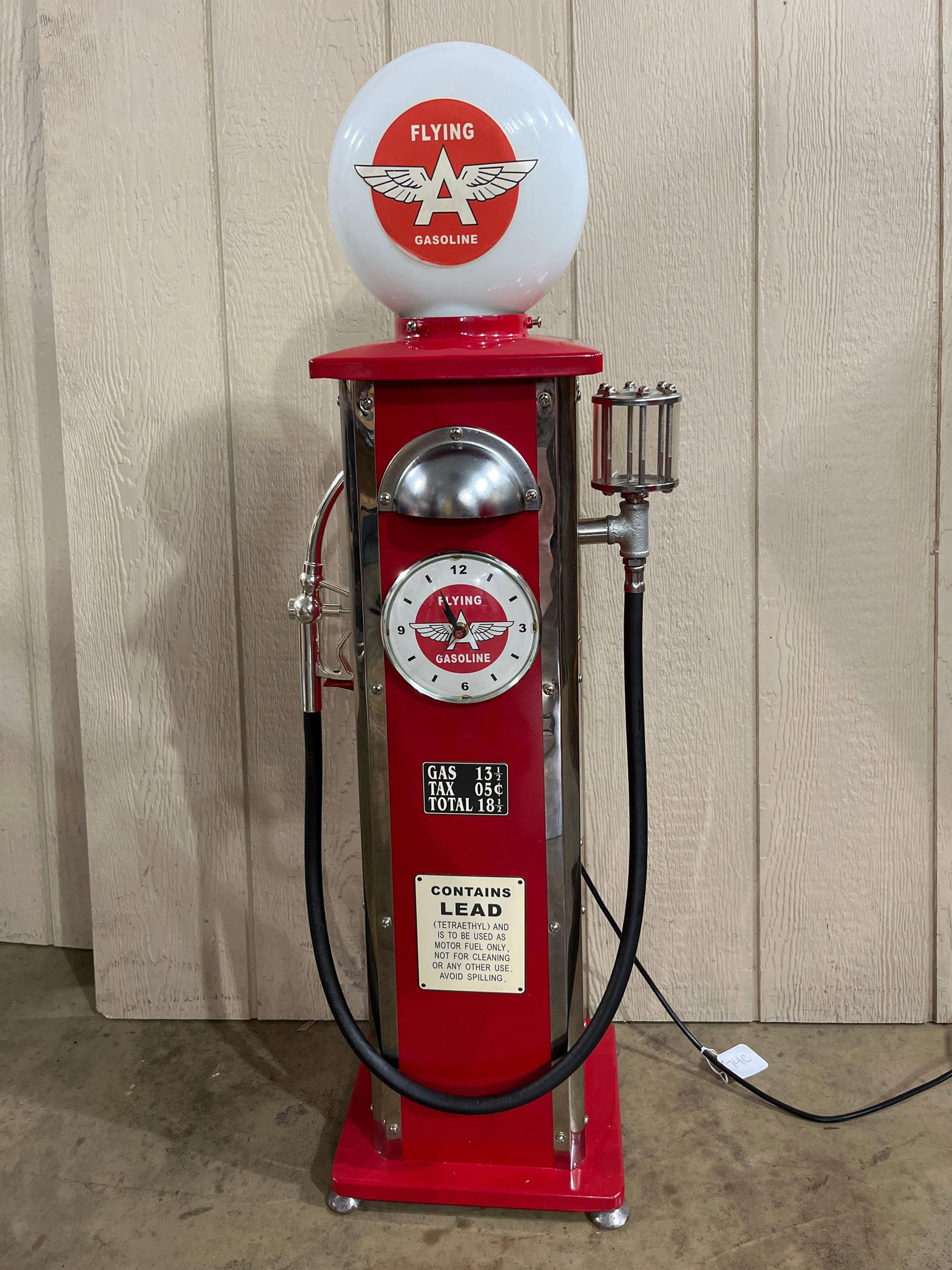 Flying A Pedestal Gas Pump Lamp & Clock: This is a contemporary decorative reproduction of a vintage pedestal-style gas pump themed for Flying A Gasoline. Attributed to River City Clocks, the piece functions as a floor-standing electric