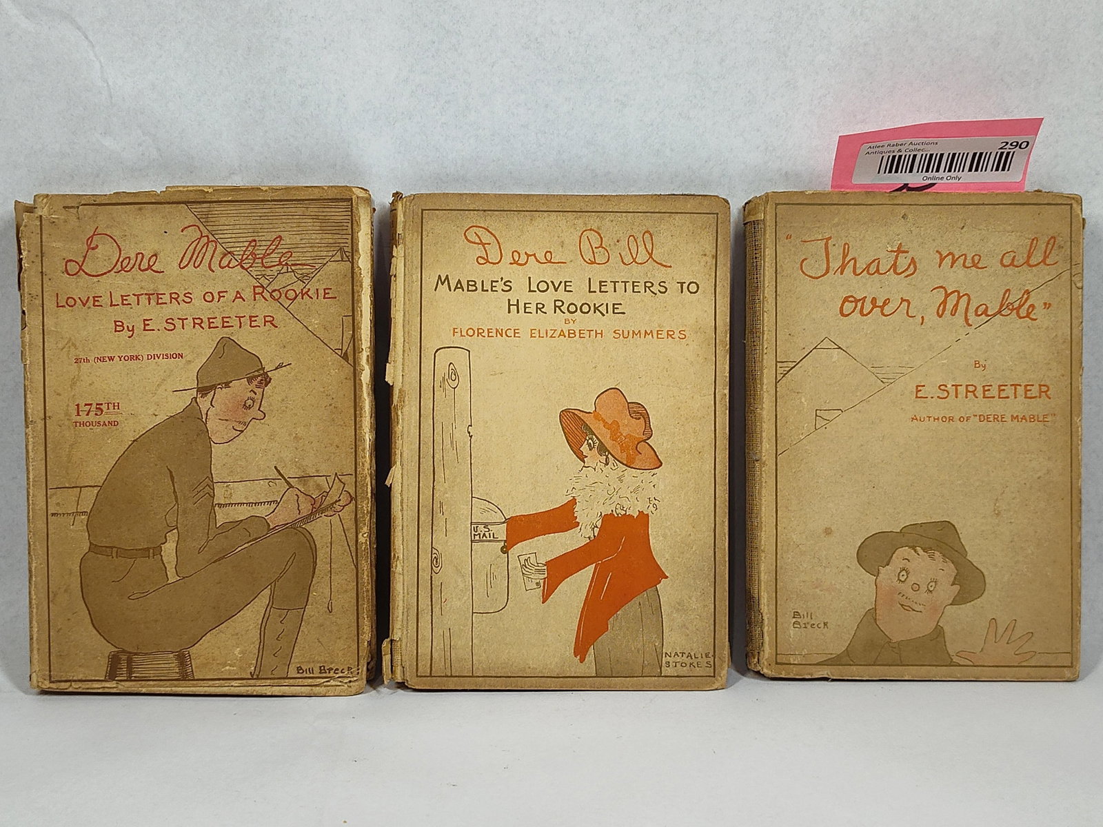 Streeter & Summers, 3 Vols WWI Humor: Three volumes of World War I-era epistolary humor literature in octavo format. The set includes Dere Mable: Love Letters of a Rookie (1918) and Thats me all over, Mable (1919) by Edward Streeter, with