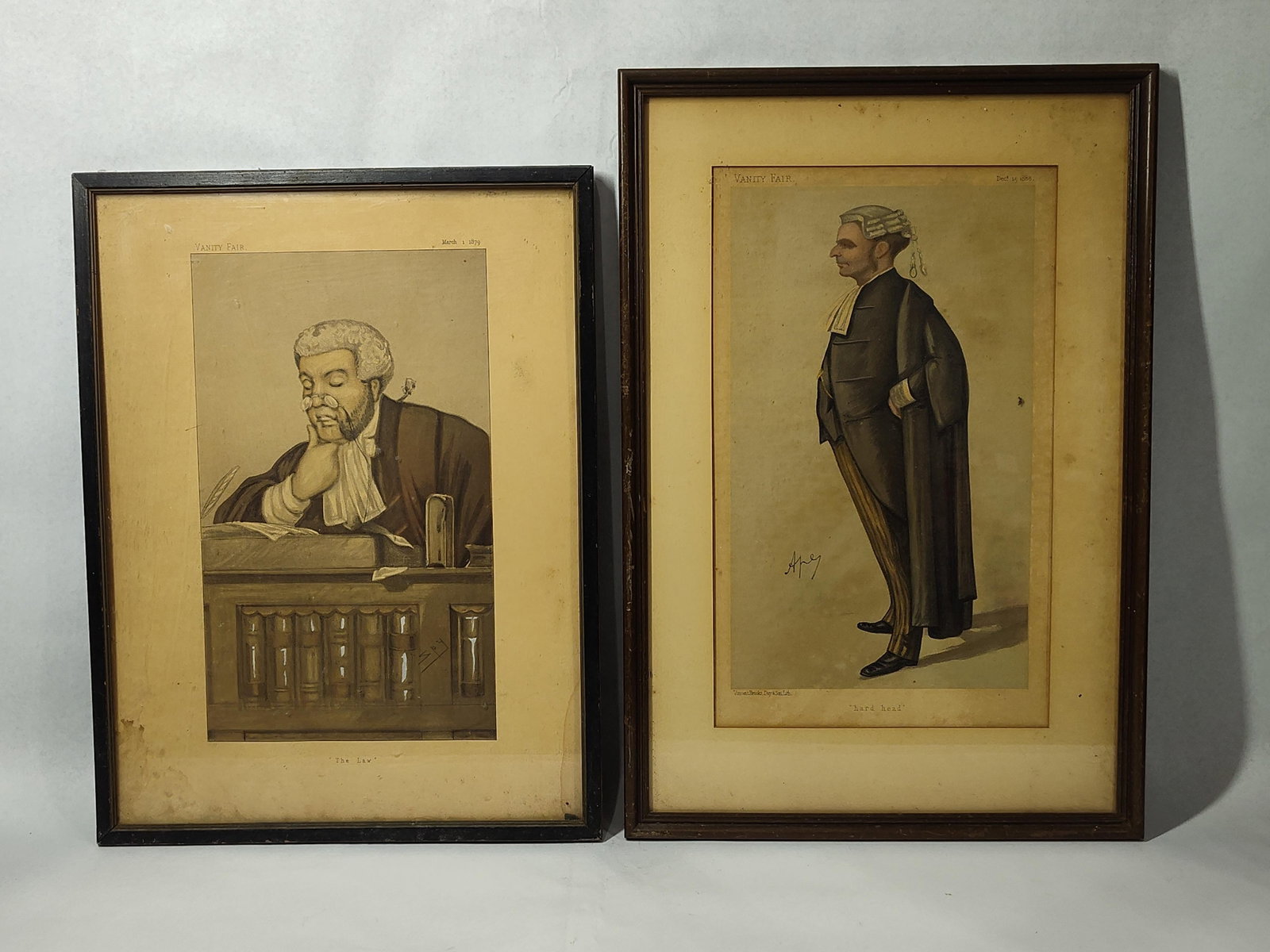 Spy & Ape Vanity Fair Legal Caricatures: 16.5x13, 19x13 This lot comprises two antique chromolithograph caricatures published by the British weekly magazine Vanity Fair, featuring prominent members of the Victorian legal profession. The