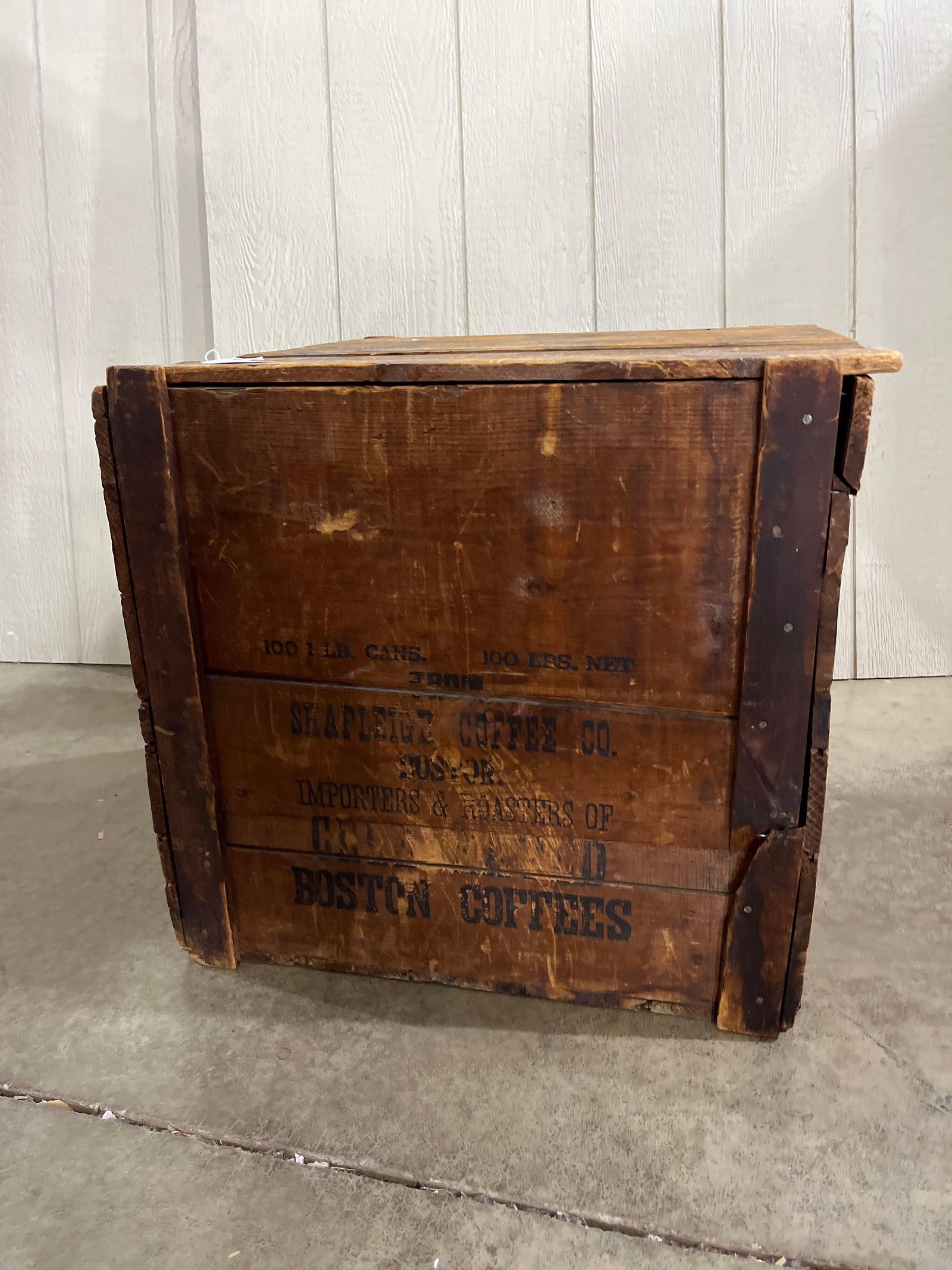 Shapleigh Coffee Co. Wood Shipping: 24x24x22 This antique wooden wholesale shipping crate was manufactured for the transport of canned coffee products by the Shapleigh Coffee Co. of Boston, Massachusetts. The crate is constructed of