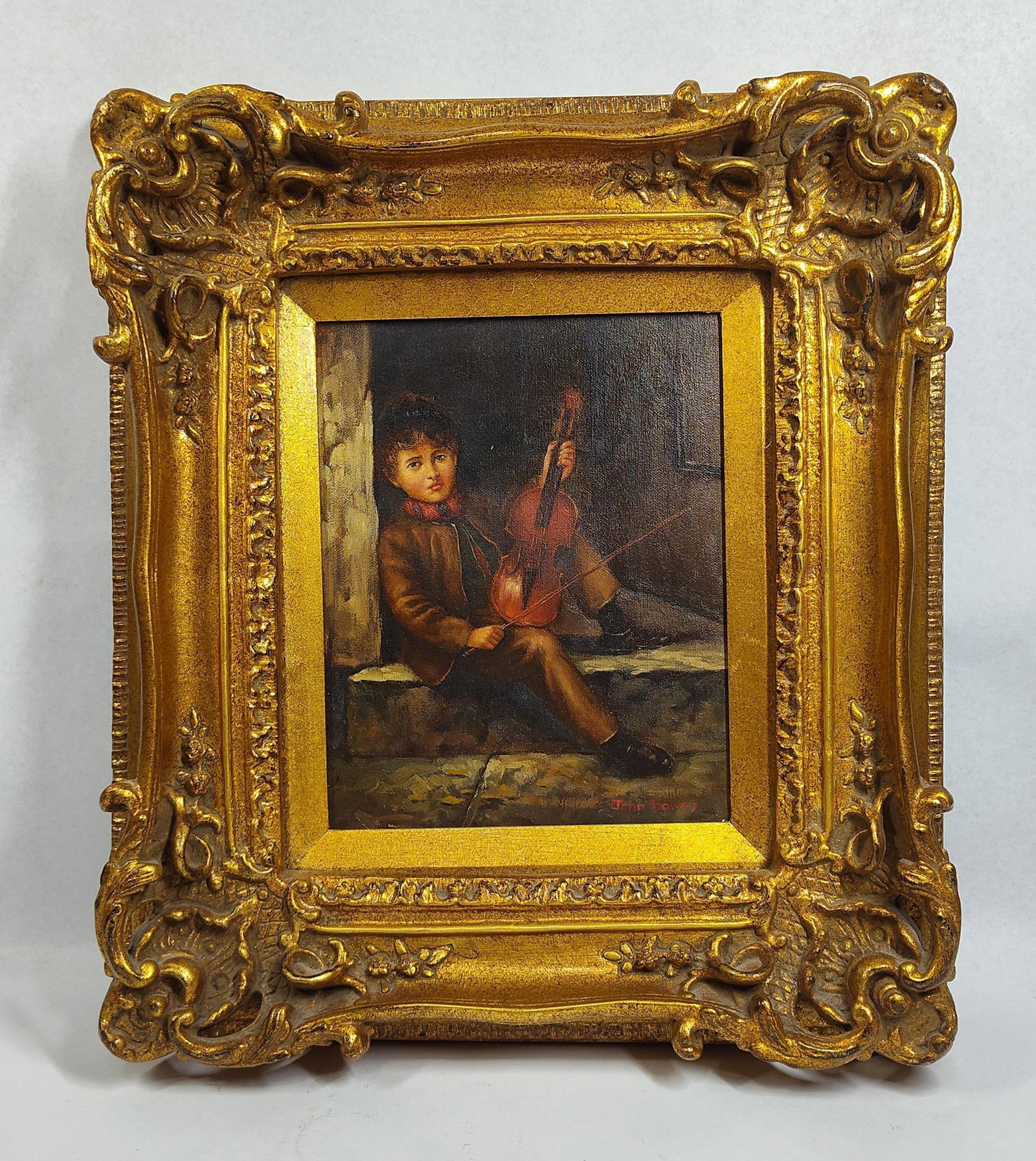 John Bowen, O/C, Young Boy w/ Violin: 17.5x15.5 This oil painting on canvas is signed John Bowen in red paint in the lower right corner. The work depicts a young boy dressed in nineteenth-century style attire, including a brown jacket,