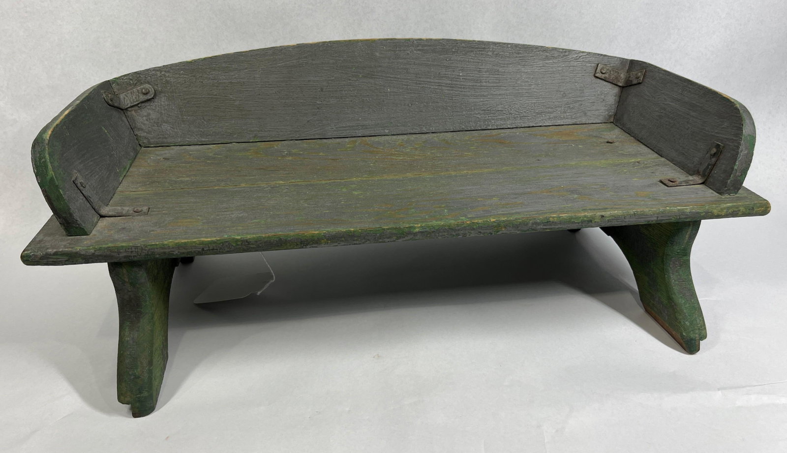 Antique Miniature Painted Wagon Seat: 19.5x11x6.5 This object is a miniature wooden seat, characteristic of those used for a child's wagon or buggy, potentially from a Studebaker Junior or similar early 20th-century toy vehicle. It