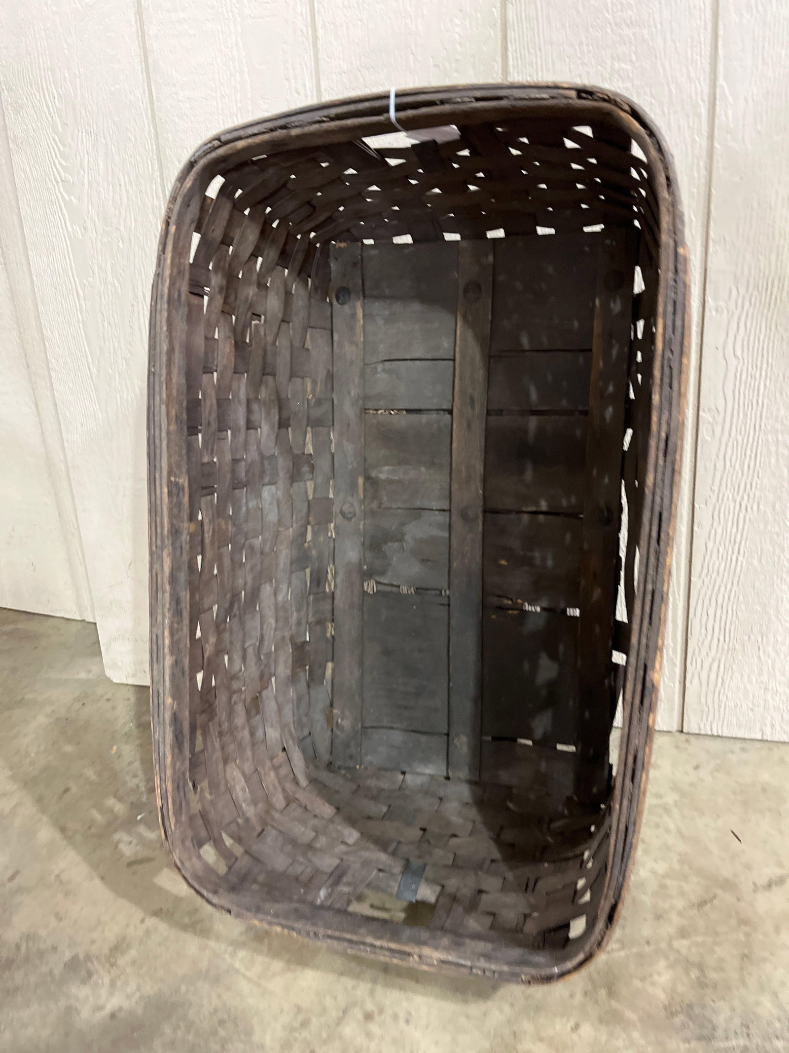 Industrial Woven Wood Splint Basket: 29x18x11 A large antique rectangular utility basket constructed from wide wood splints in an over-under weave pattern. The design and heavy-duty reinforcements suggest use for industrial or