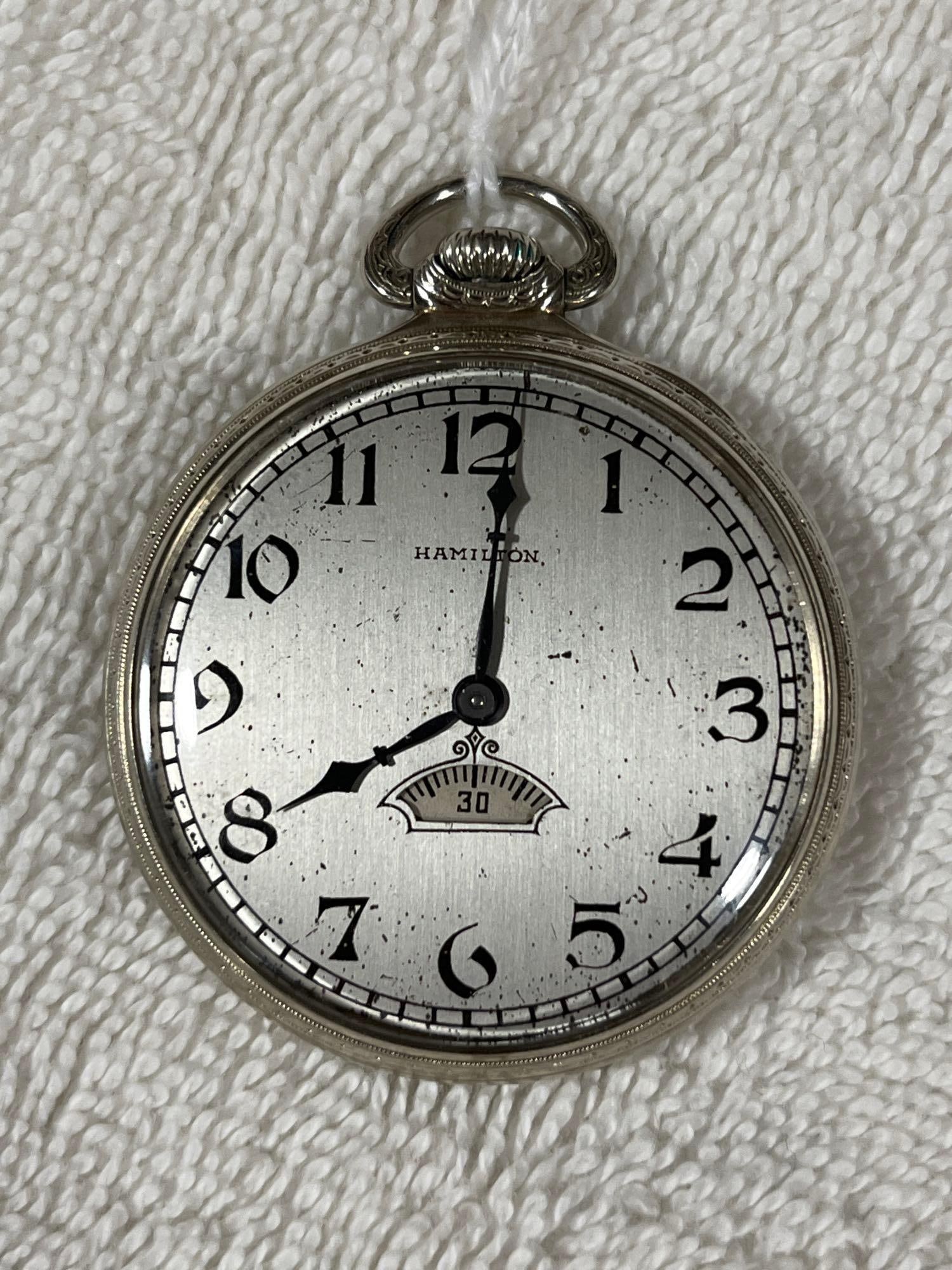 14 K Gold Hamilton Penn Ohio System Pocket Watch Secometer: Model 912 movement. 14 K Keystone case, presented for 5 years of service in 1930 by the Penn Ohio Railroad. Serial number 3413880. Non running