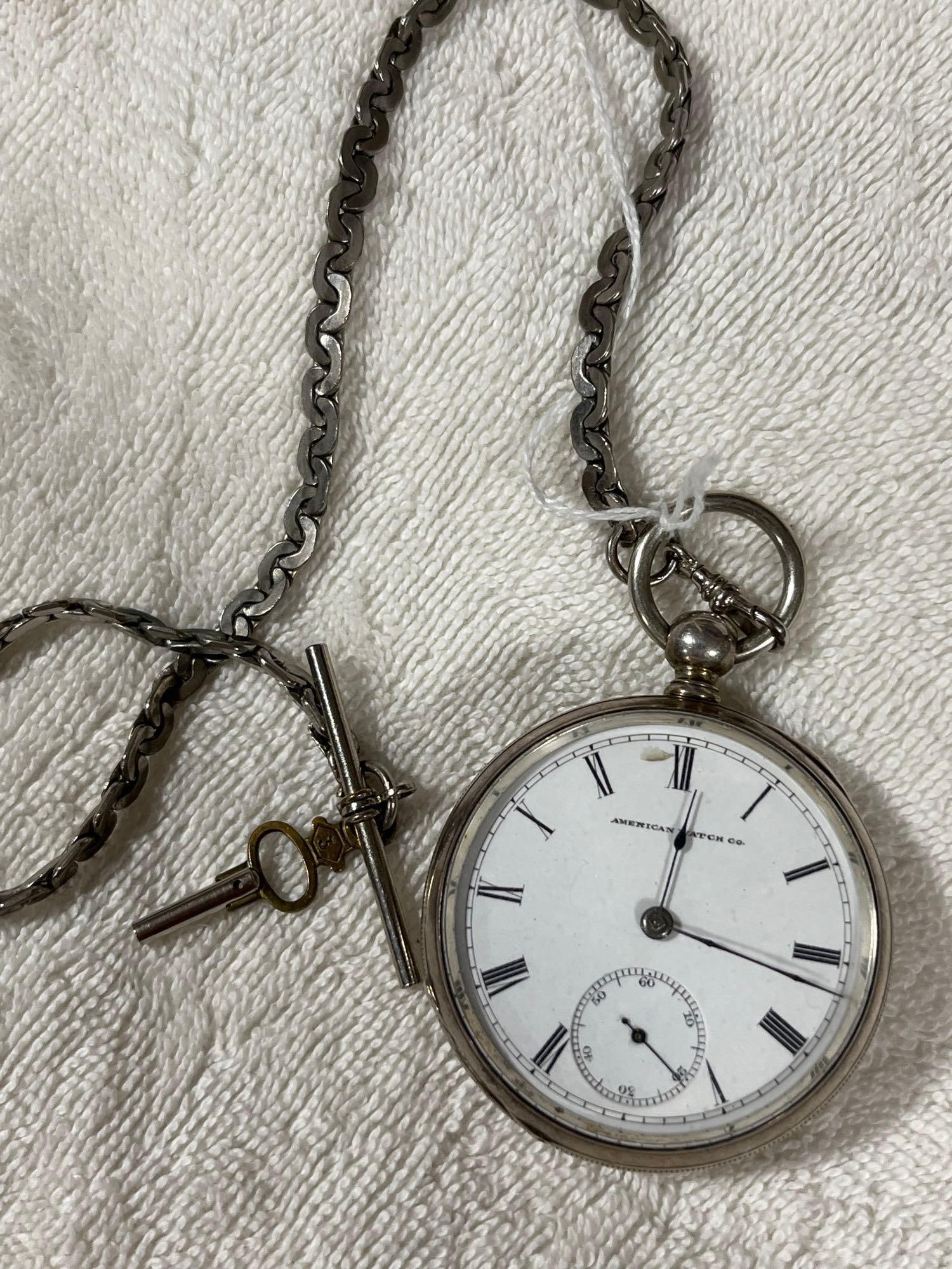 Sterling Silver Keywind American Watch Co Pocket Watch: A unique engraved memory watch dated 1879. In excellent working condition with sterling case. Wm. Ellery, serial number 1163225