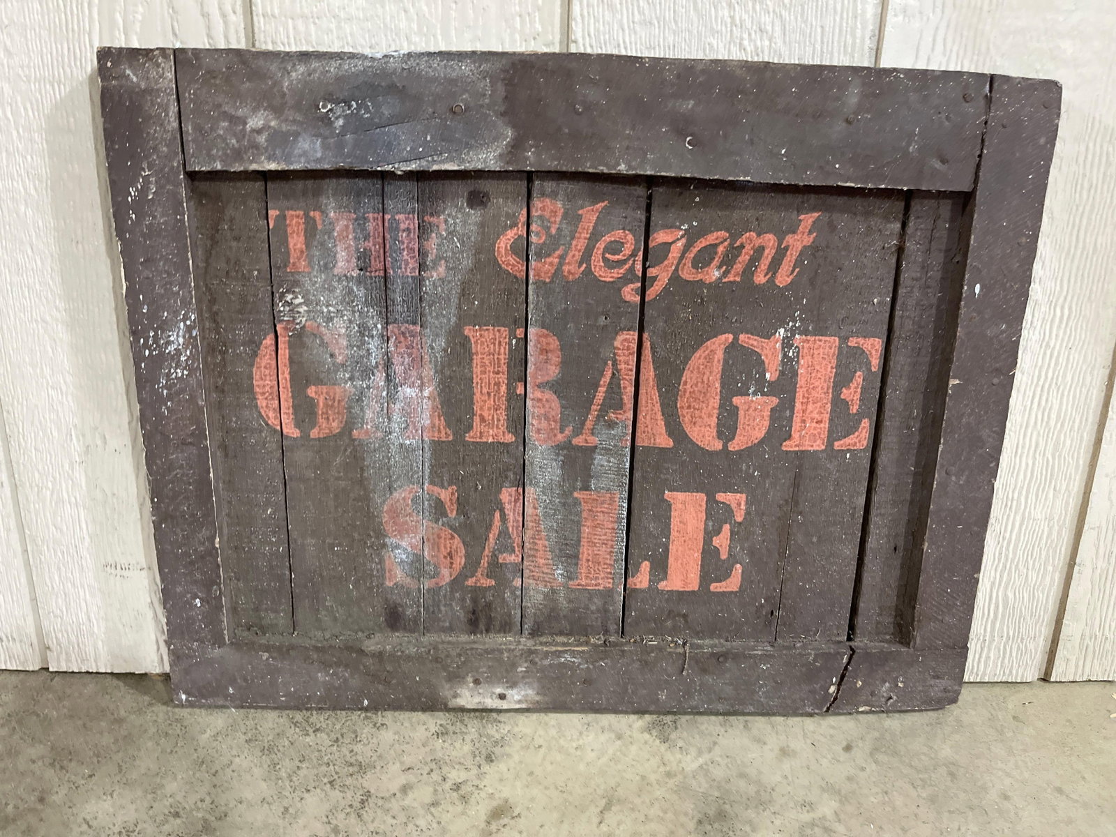 20th C. American Wood Garage Sale Sign: 24x18.5 This item is a rustic wooden sign constructed as a piece of American vernacular folk art signage. The sign is built from seven vertical wooden slats set within a simple four-piece wooden