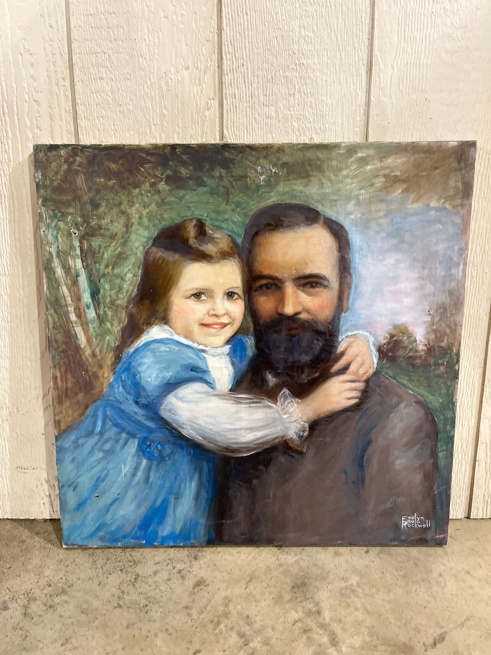 Evelyn Enola Rockwell, Man & Girl, O/C: 24x24 This oil on canvas painting features a double portrait of a man and a young girl, signed by American artist Evelyn Enola Rockwell (1853-1933). The composition depicts a man with a full dark