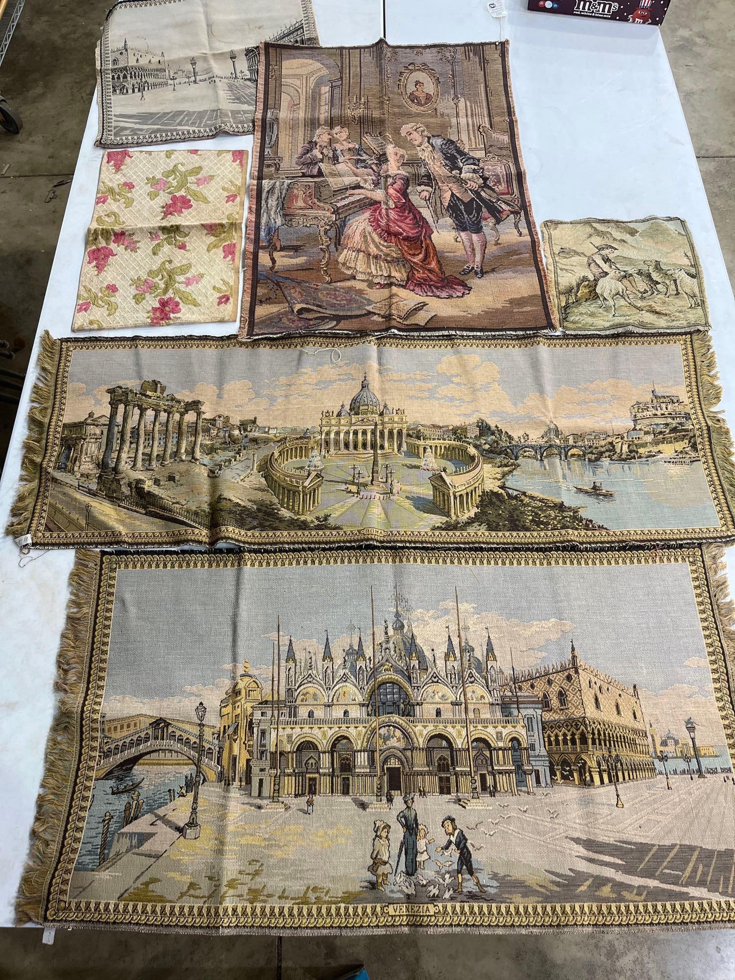 7 Italian Jacquard Tapestry Panels: 39x26, 44x23 and smaller. A collection of seven vintage machine-woven jacquard tapestry panels produced in Italy, featuring various cityscapes, genre scenes, and decorative patterns. The lot includes