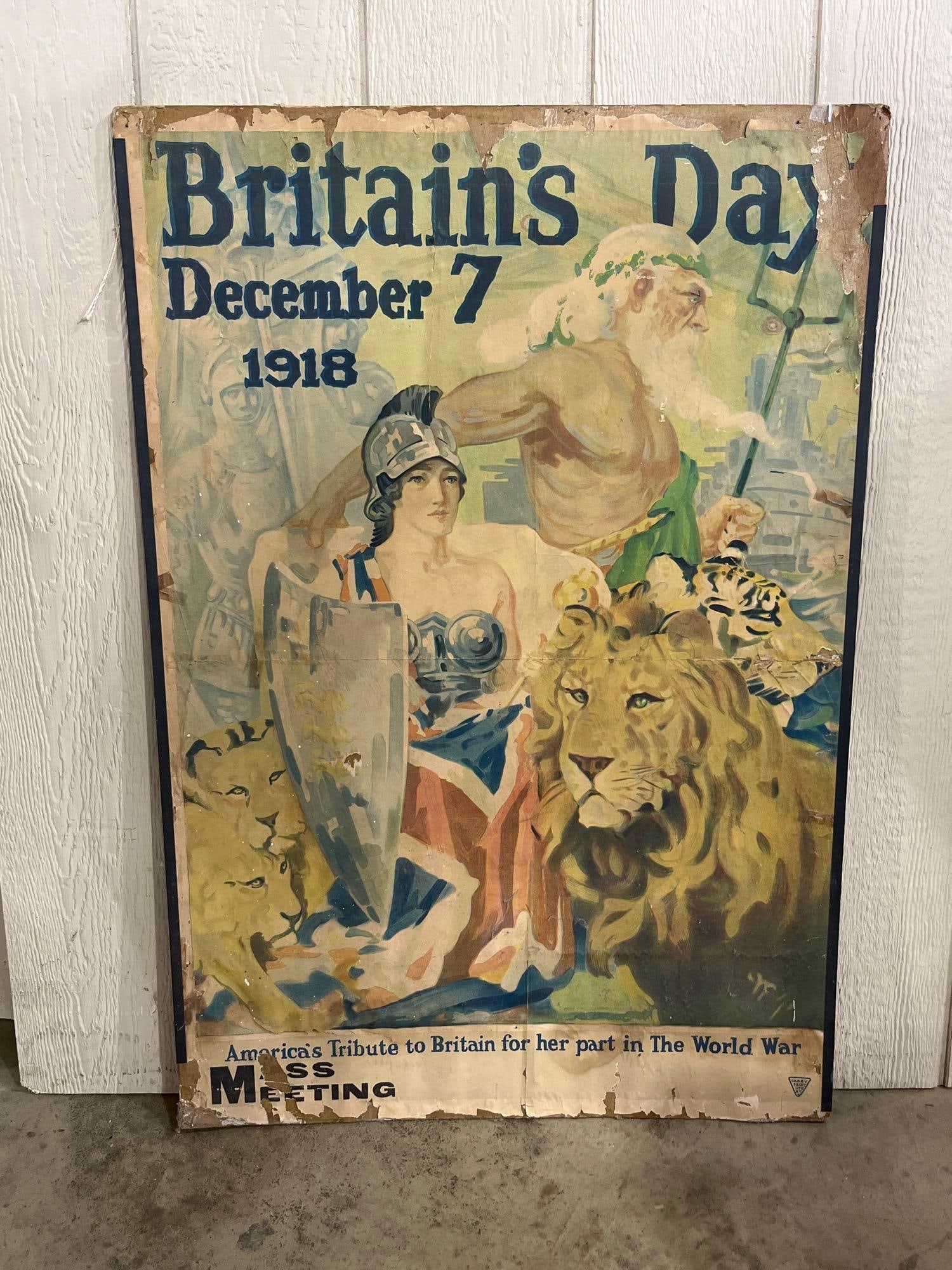 Carey Print WWI Britain's Day Poster: 28x40 This color lithograph poster is a commemorative World War I-era piece titled Britain's Day December 7 1918, produced as America's Tribute to Britain for her part in The World War. The