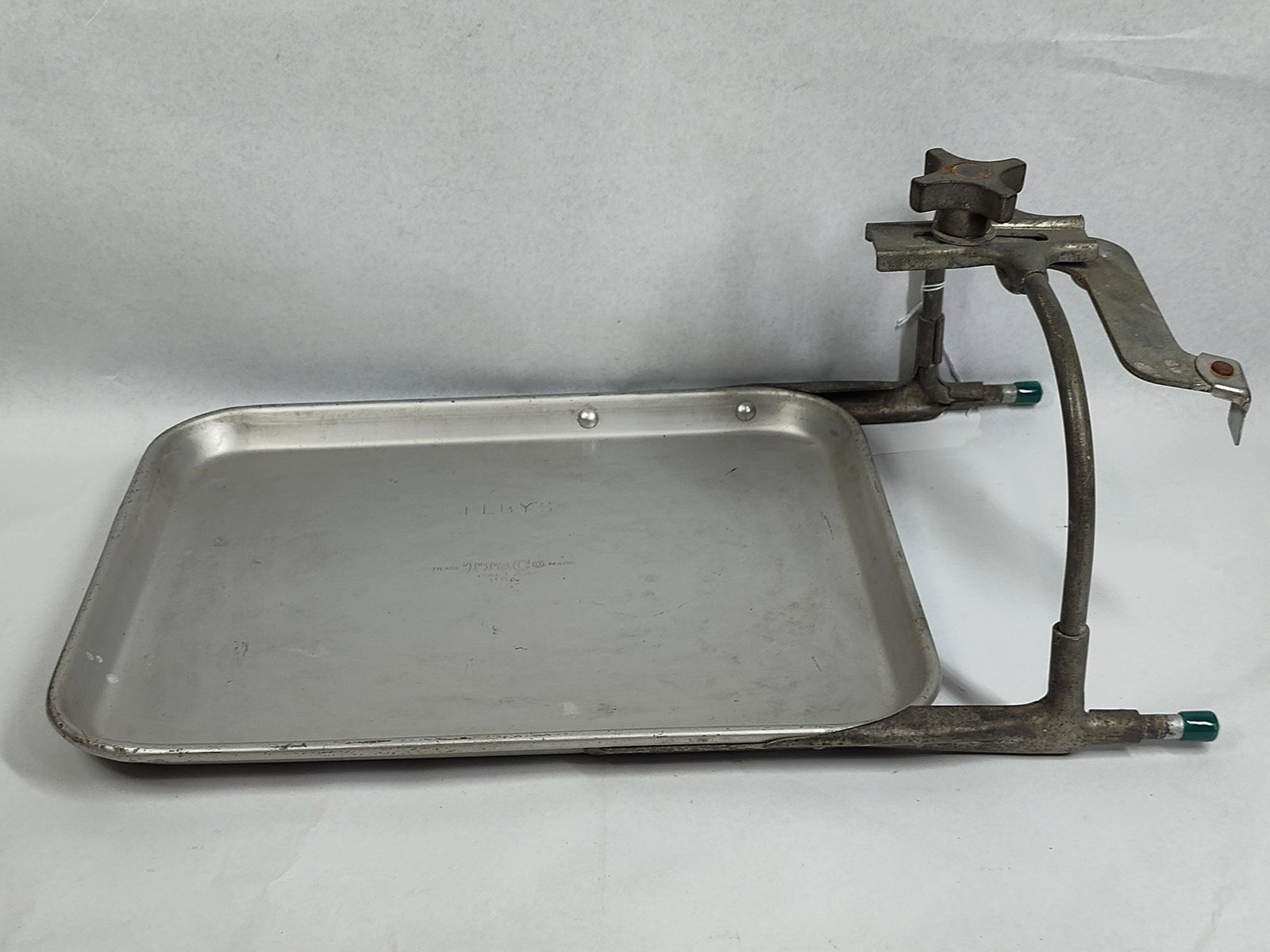 TraCo Aluminum Elby's Big Boy Car Tray: This vintage drive-in restaurant car hop tray was manufactured by TraCo and utilized by the Elby's Big Boy restaurant chain. The piece consists of a rectangular aluminum service tray integrated