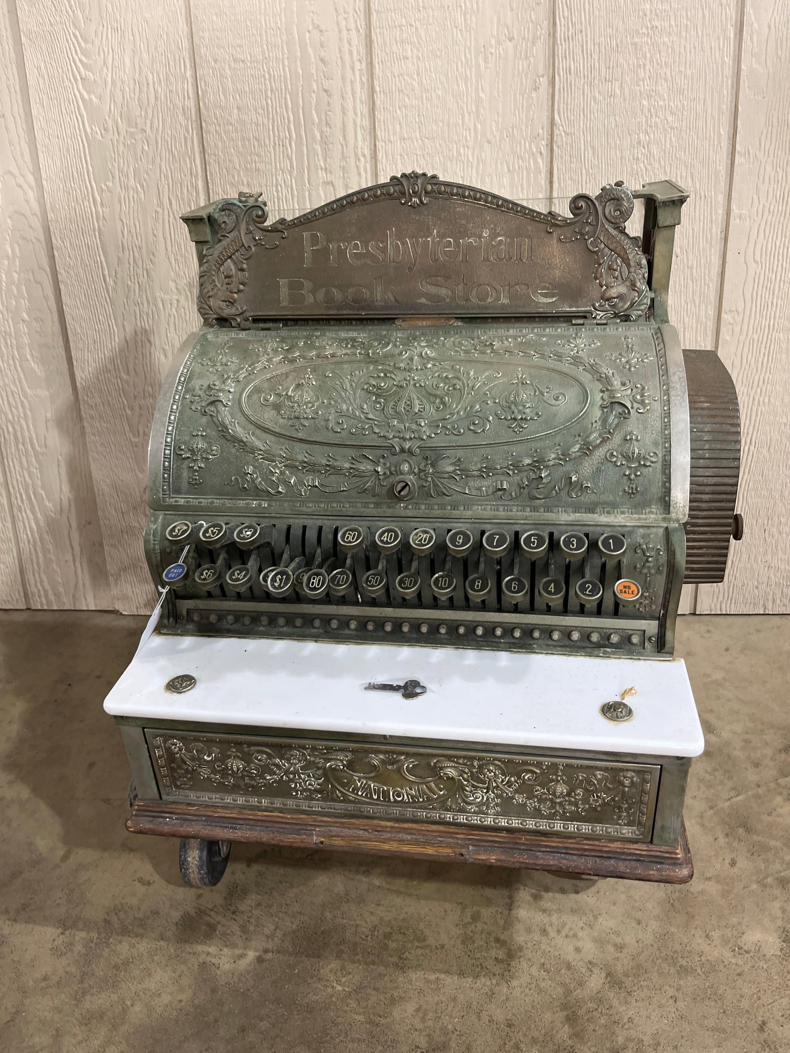 National Cash Register 345 w/ Marquee: 19x15x18 An antique mechanical cash register manufactured by the National Cash Register Company (NCR), identified as Model 345 by the brass plate located above the top sign. The machine features a