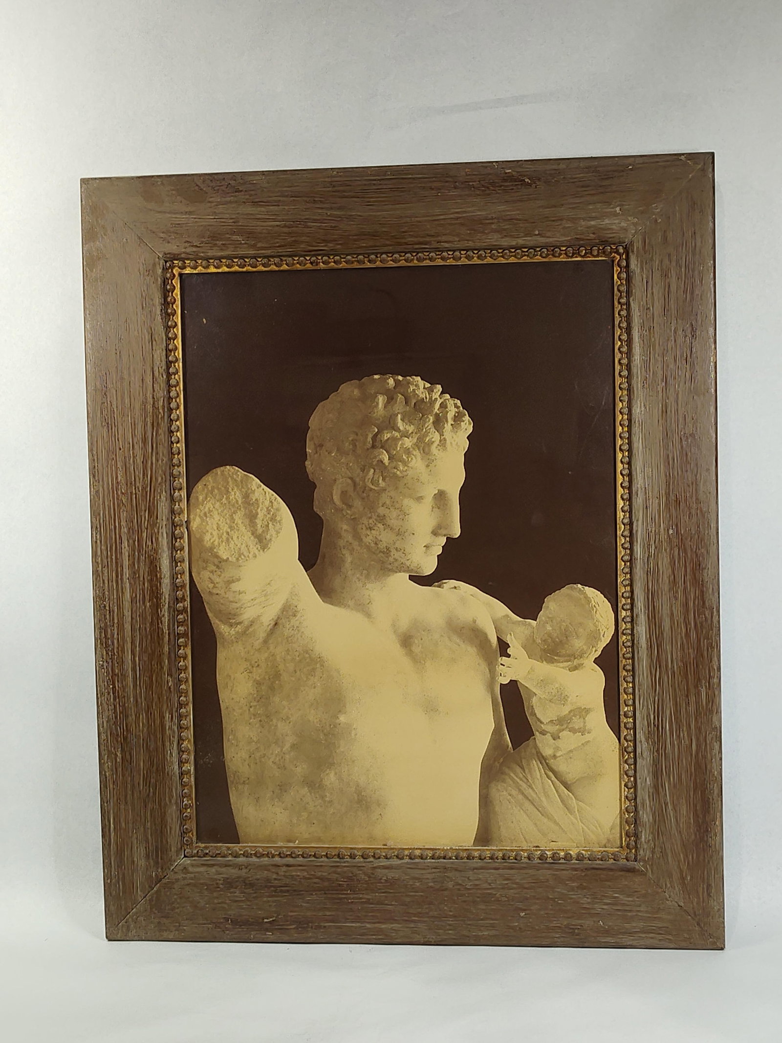 Hermes & Infant Dionysus Toned Photo: 26x21 A late 19th or early 20th-century toned monochrome photograph, likely an albumen or silver gelatin print, depicting a detail of the classical Greek sculpture Hermes and the Infant Dionysus,