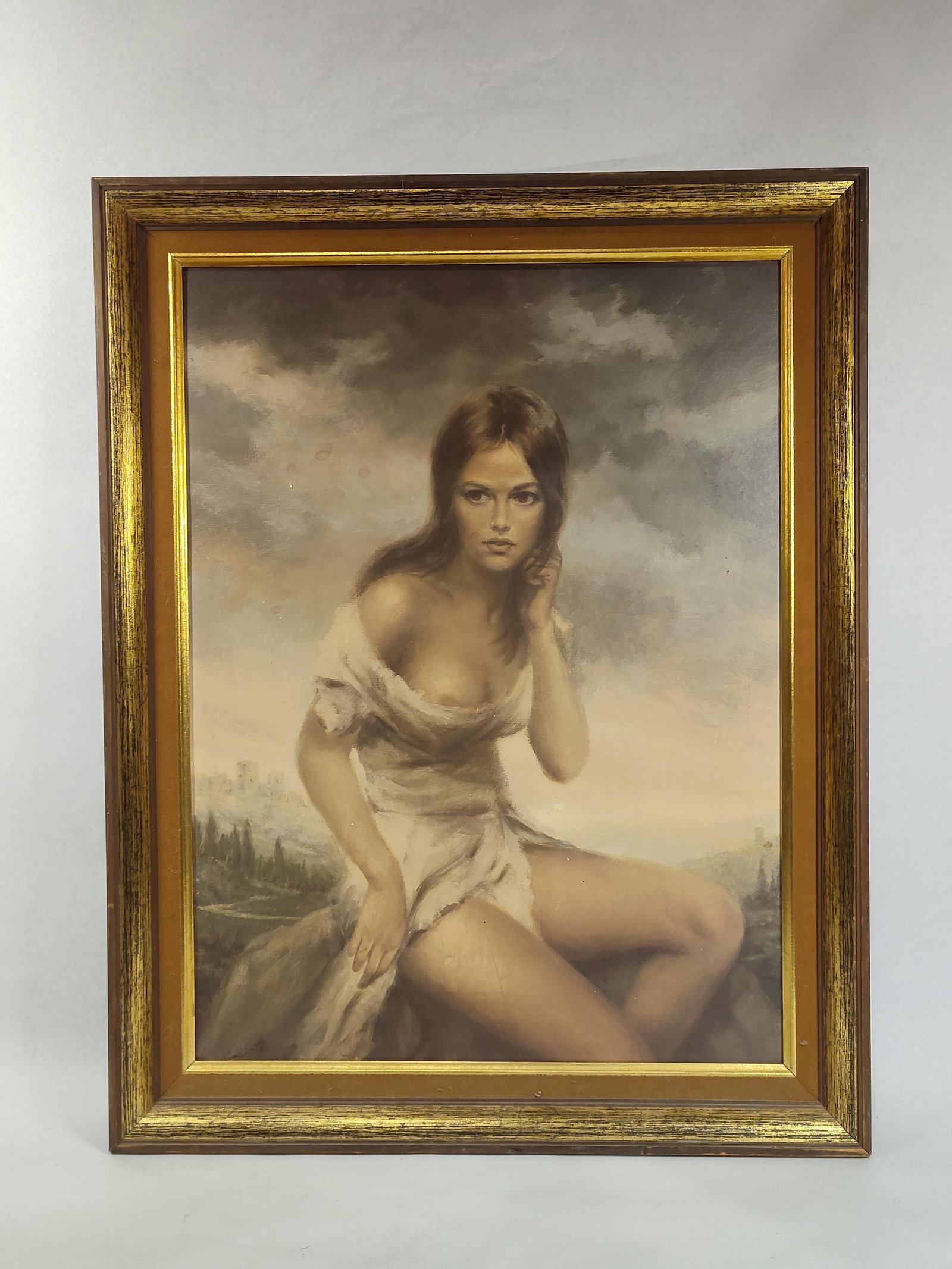 Mid-20th C. School, Portrait Woman, O/C: 28x22 Oil on canvas painting depicting a romanticized portrait of a young woman with long dark hair. The subject is posed in a seated position against a landscape background under a dramatic,
