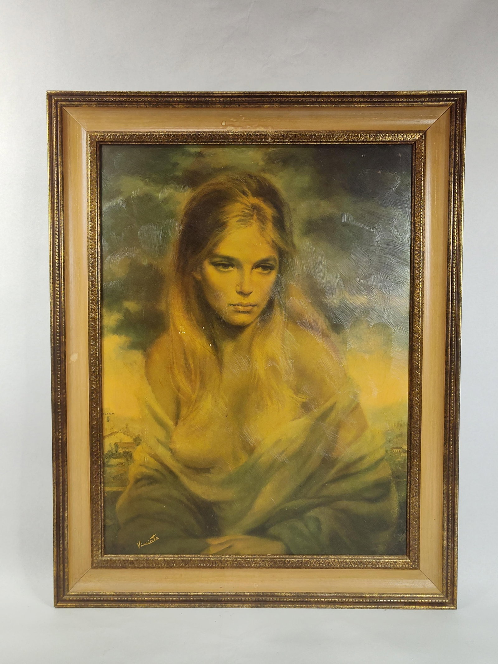 Vinciata, Girl of Valdarno Print, Board: 29x23 A vintage textured print on board titled Girl of Valdarno by the American artist Joseph Wallace King (1911-1996), professionally known as Vinciata. The romanticized portrait depicts a young