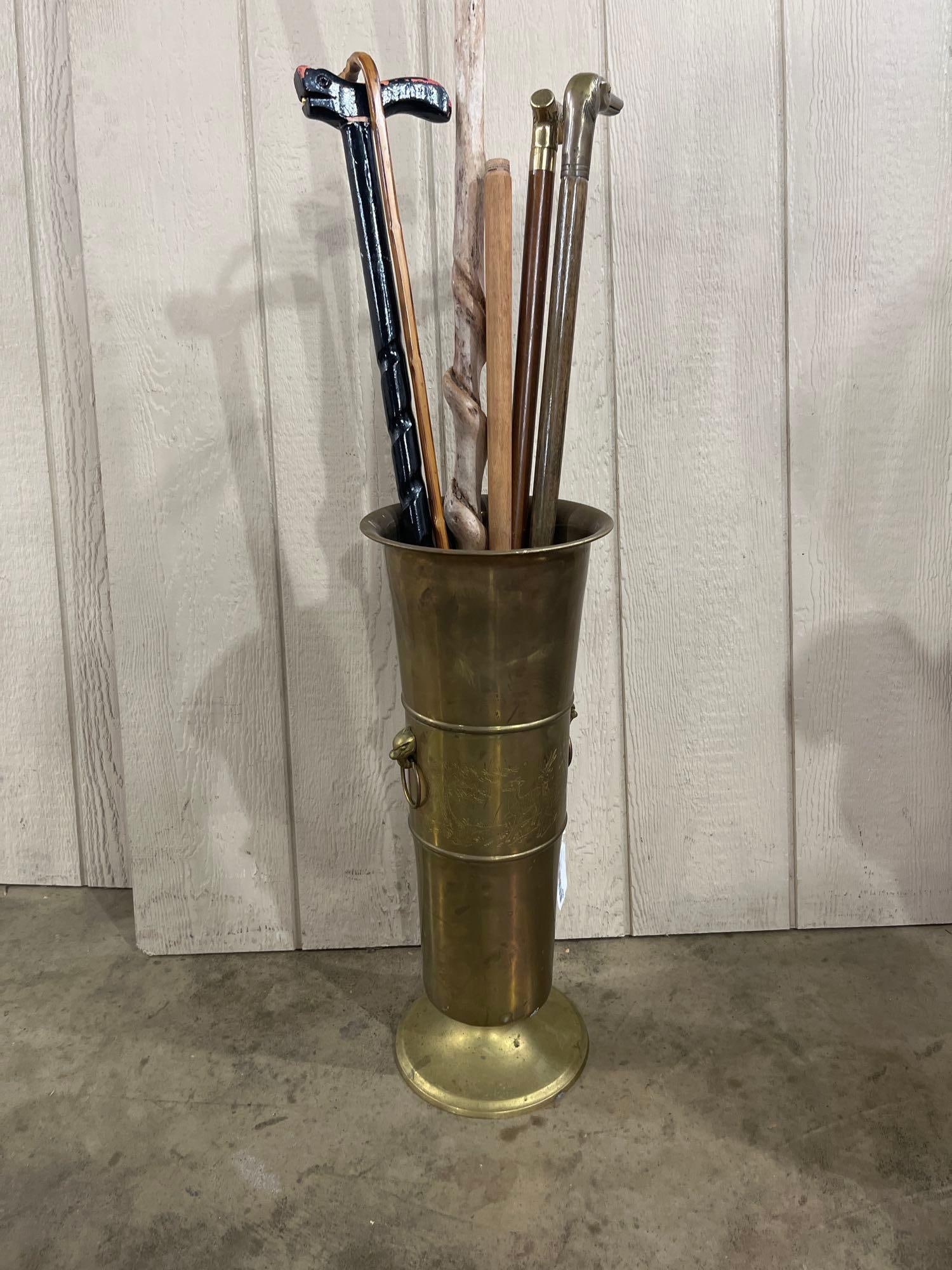 6 Walking Sticks & Canes w/ Brass Stand (1 of 9)