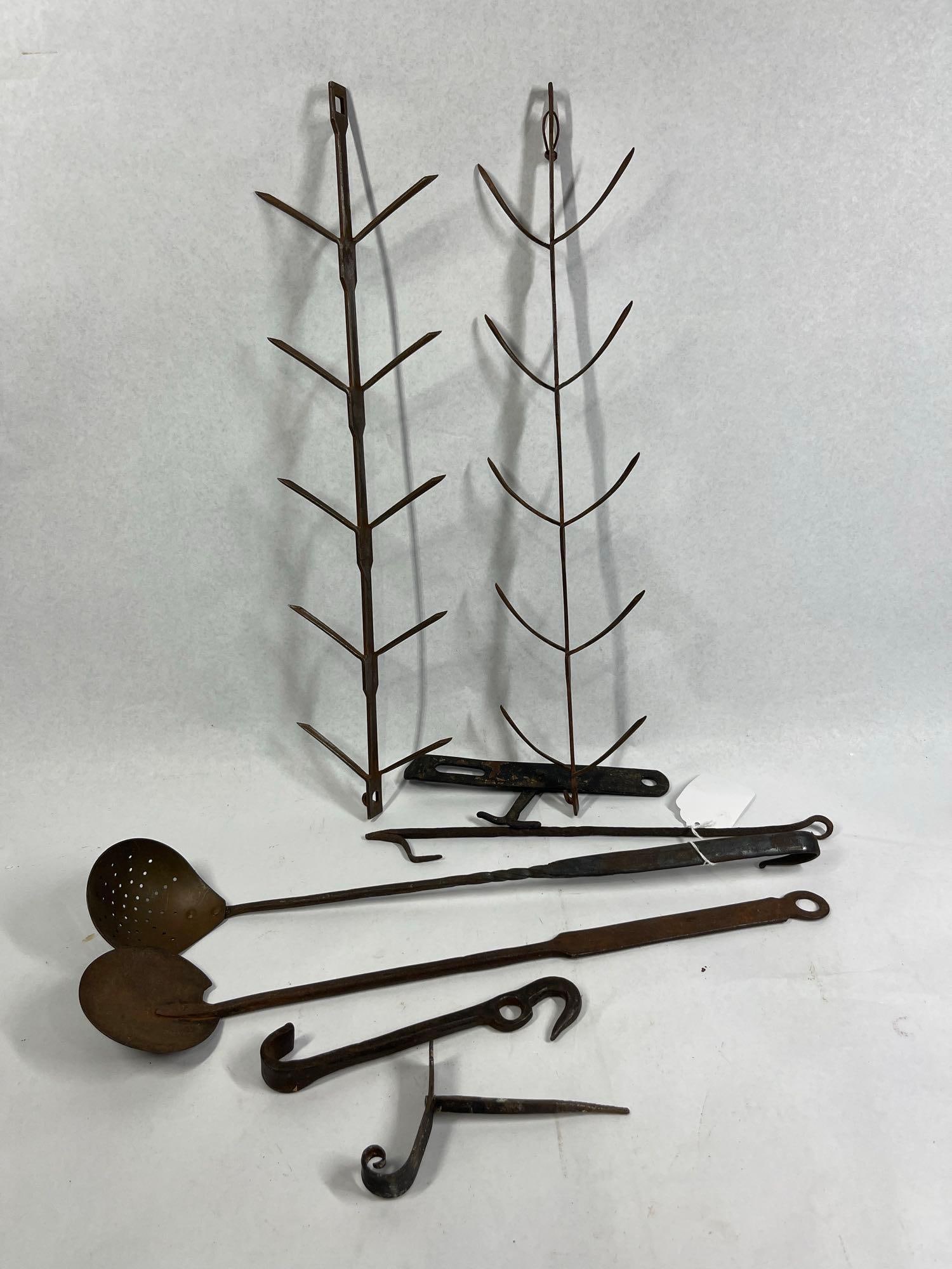 Early American Wrought Iron Tools Set: Most are 20in. This collection consists of several hand-forged wrought iron tools designed for use in 18th and 19th-century American hearth and kitchen environments. The assortment includes two