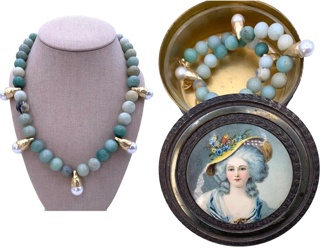 Antique Mirrored Glass Lined Dresser Box with Superb Amazonite Necklace: * Large 13mm Amazonite bead, (Stone of Truth and Courage) faux pearls and gilded, hammered, conical caps, luxe satin finish, working closure, 18in34; to 19 1/2in34; length * Antique ornate embossed ri