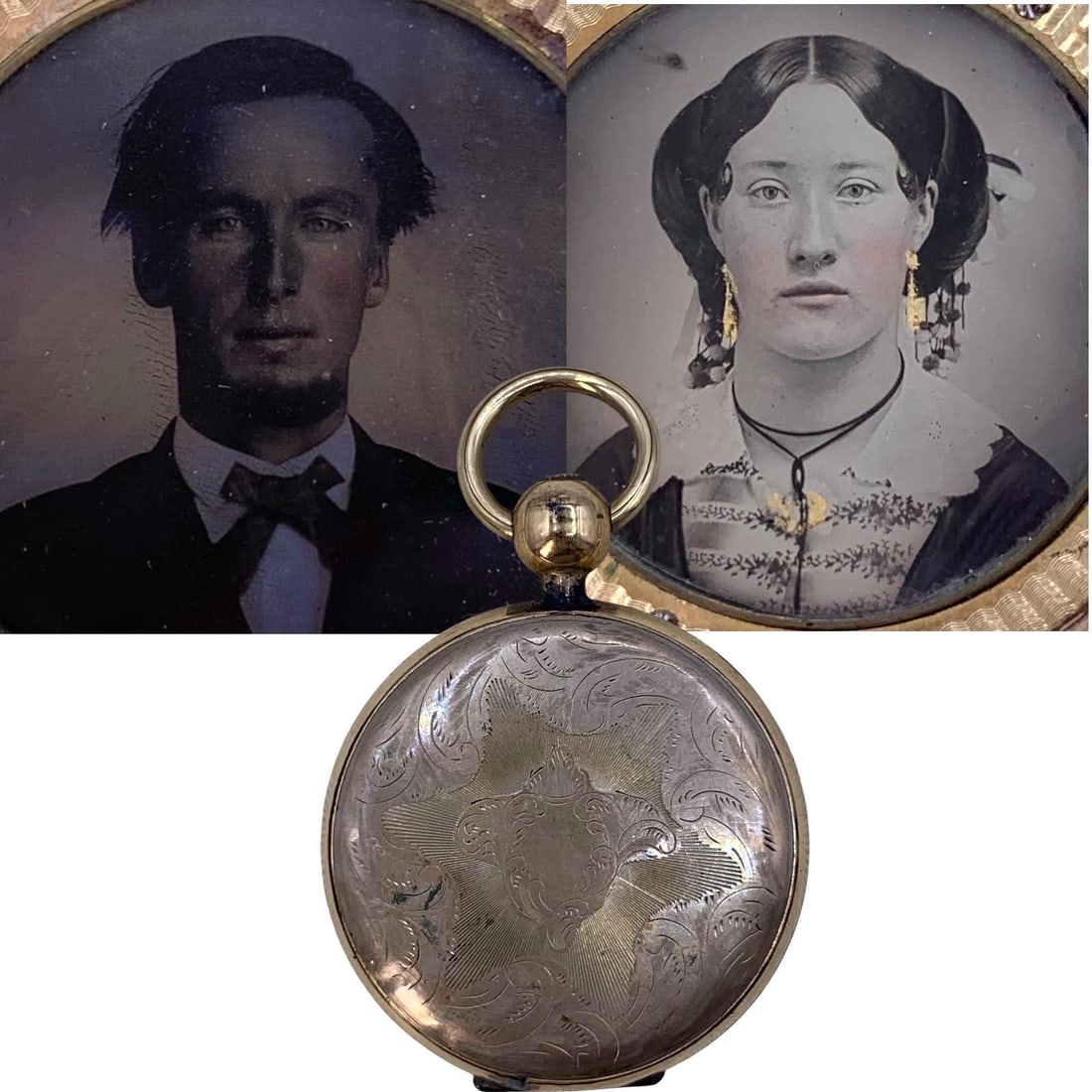 Civil War Era Double Ambrotype Large Size Victorian Sweetheart Locket: Measuring 39mm width, etched halo detailing around each image, working push button opener, 2 1/2" length, gold highlights to the young ladies photograph, etched case with hand sewn storage sleeve.