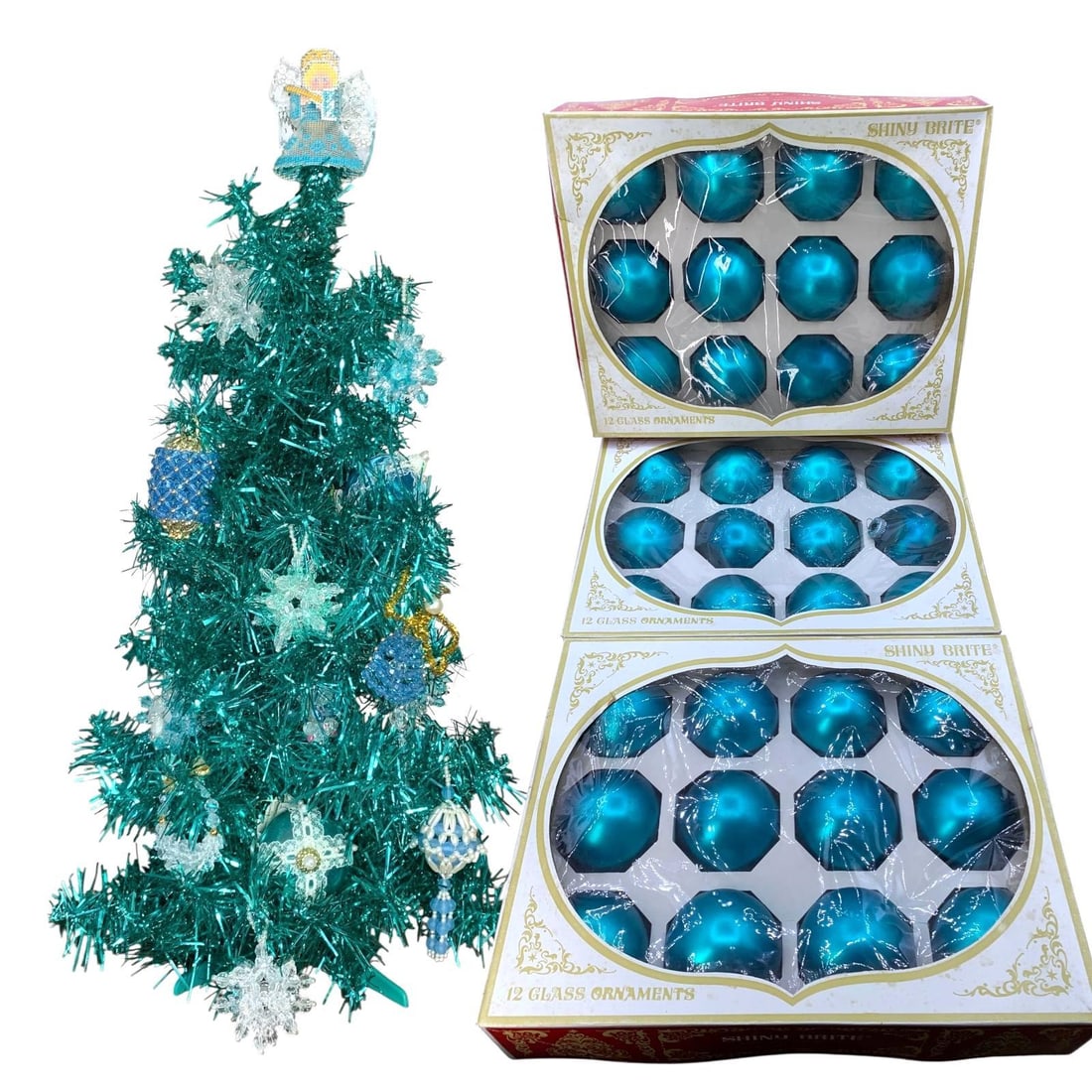 50 pc Vintage SHINY BRITE Teal Glass, Beaded Ornaments, & Aqua Tinsel Tree Christmas Decorations (1 of 11)