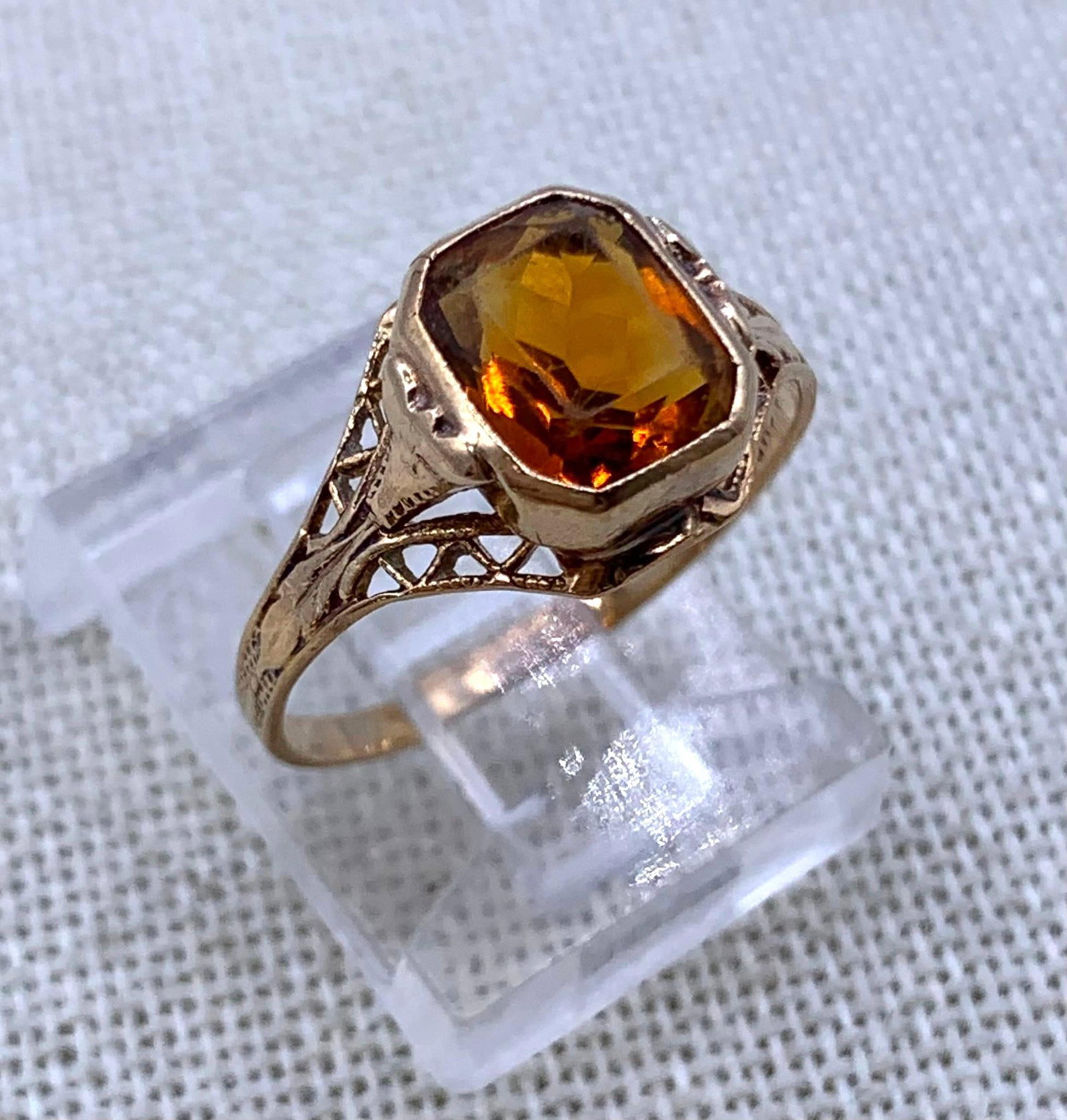 Antique 10k Yellow Gold Victorian Rectangular High Rise Filigree Citrine Ring (1 of 14)