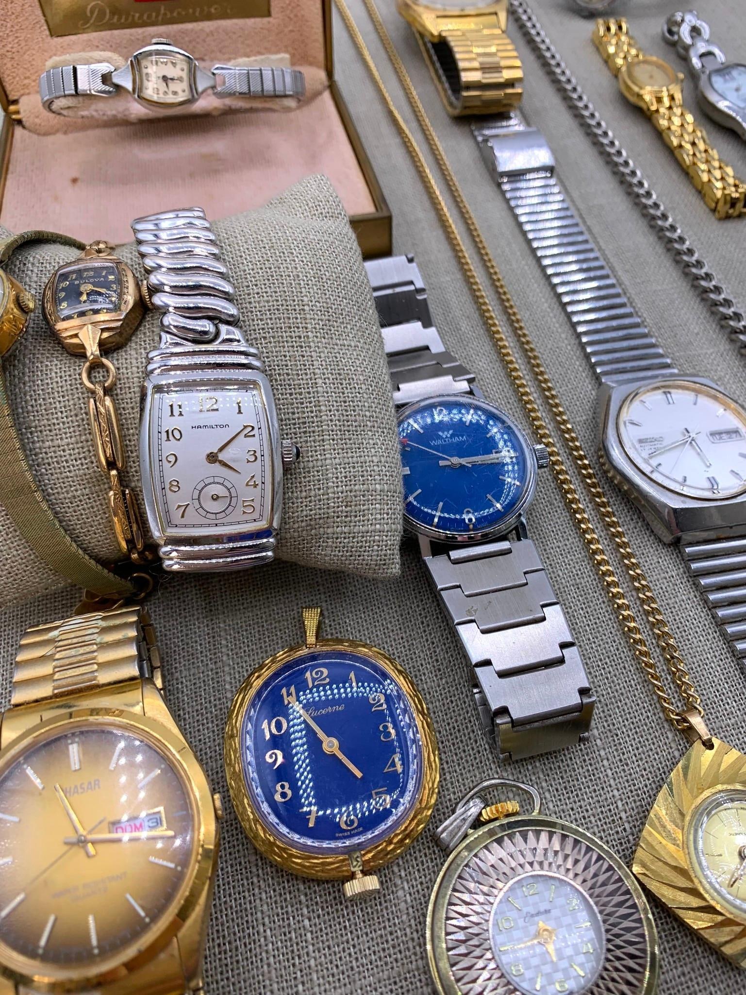 16 pc Vintage Lucerne, Brodek, Elgin, Waltham, Bulova, Hamilton Wrist & Pocket Watch Collection: Fine assortment of vintage pieces, the quartz models will need fresh batteries, a few rolled Gold in the mix, The Waltham, the Brodek pocket watch, the MCM Lucerne and Endura pendant watches work when