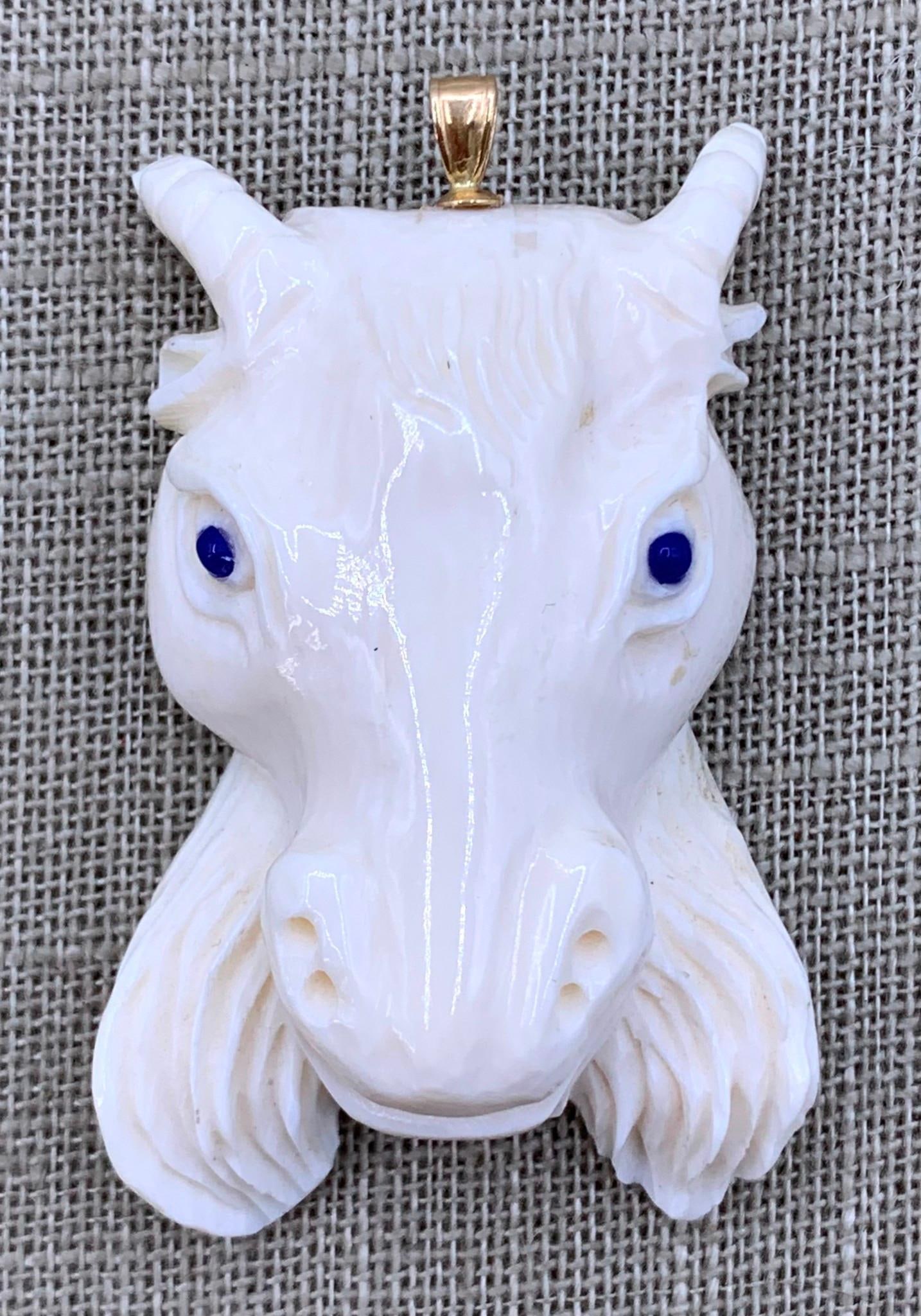Large Hand Carved Horned Mythical Goat Pendant with Inlaid Lapis Eyes and 14k Gold Hasp: 2 1/2" x 1 3/4", expertly carved, 14k hallmark inside of the hasp.