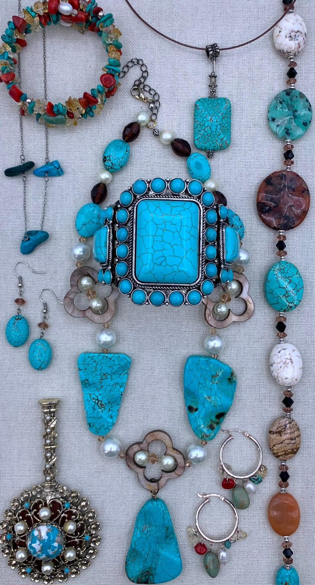 11 pc Turquoise, Sterling, Citrine, Freshwater Pearl, Coral, Natural & Created Stone Jewelry: Incredible assortment! Including 925 hallmarked Sterling hoop earrings with freshwater pearls and polished natural stone drops with a matching triple layer wrap bracelet, oversize Turquoise slab state