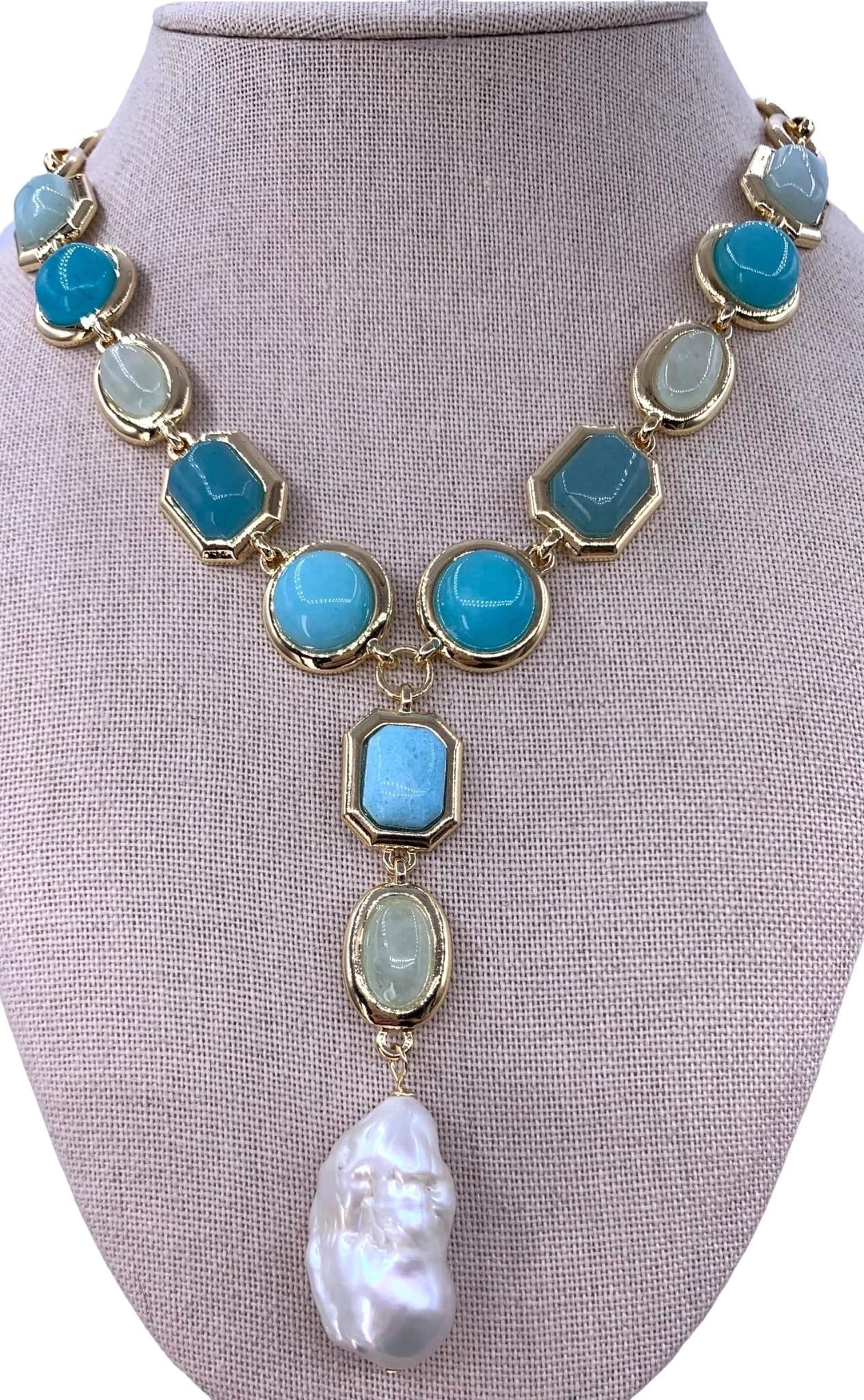 Luxe Large Baroque Freshwater Pearl and Amazonite Cabochon Statement Necklace: Gilded metal with working clasp, 15" to 18" length, large 27.5x16mm freshwater pearl drop, luminous Amazonite cabochons in azure and limoncello.
