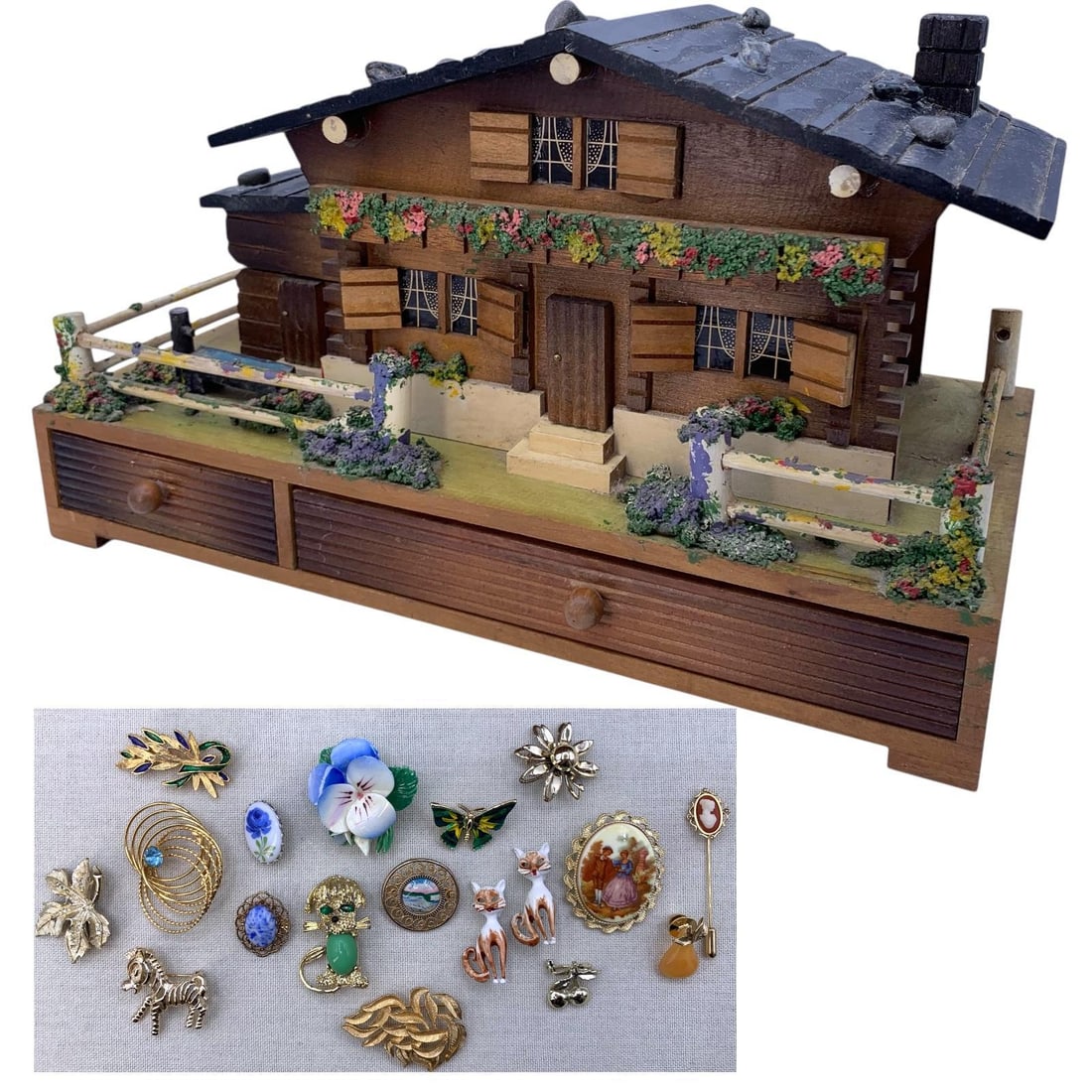 Vintage Made in Japan Swiss Chalet Musical 4 Compartment Jewelry Box with 17 Mid Century Brooches (1 of 11)