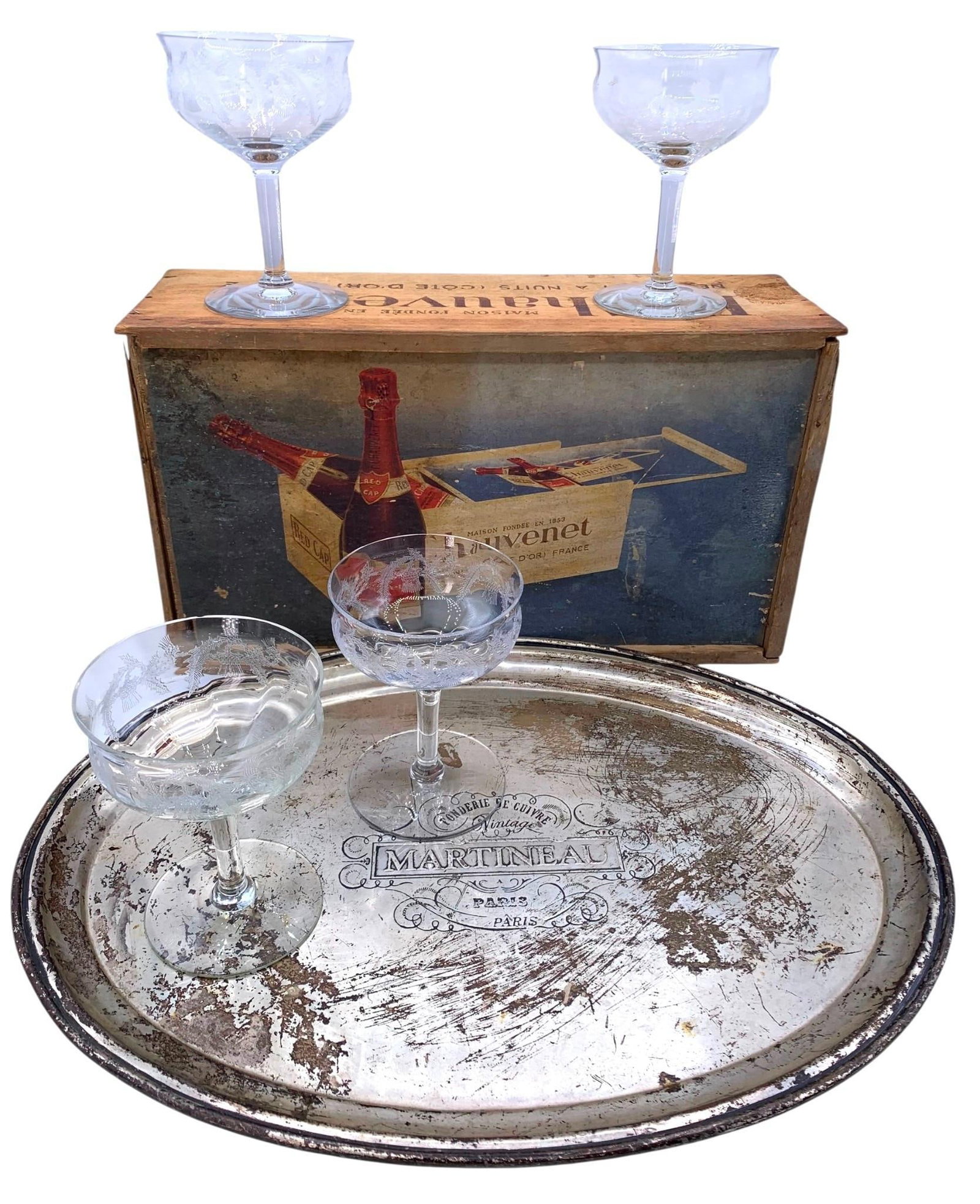 Vintage Wood French Champagne Box, Oval Cocktail Serving Tray & 4 Acid Etched Thistle Coupe Glasses: * Hefty oval silverplate Martineau Paris cocktail tray, 15 3/4in34; x 11 1/2in34; * Vintage wooden French champagne box with slide lid, 14in34; x 7 3/4in34; x 5in34;, scattered age and wear to the woo