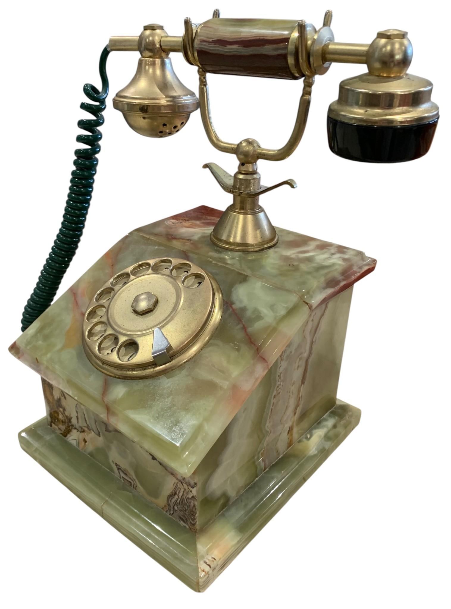 Fantastic Vintage Italian Green Onyx 18k Gold Plated Rotary Dial Table Top Mid Century Phone (1 of 15)