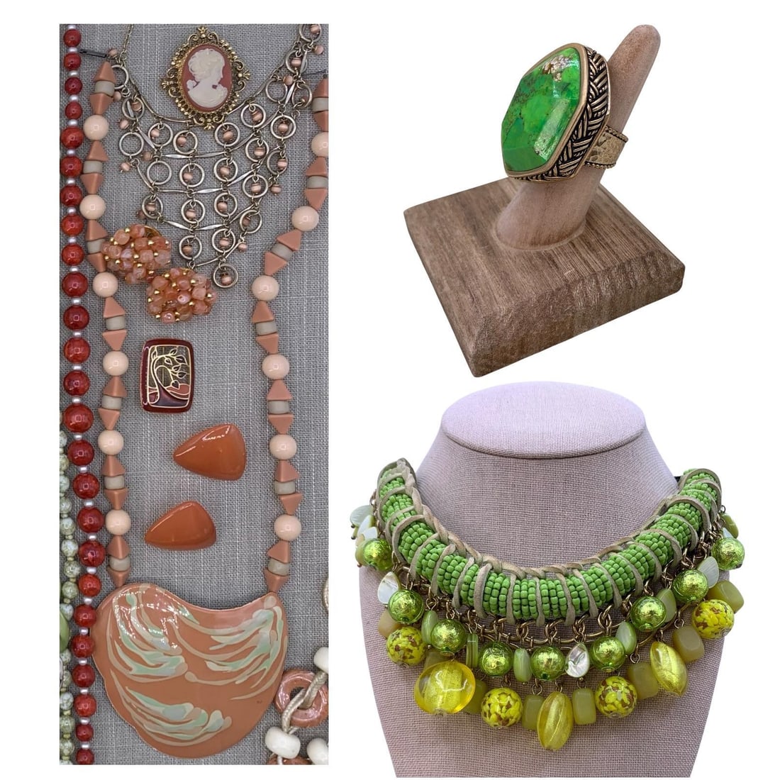 21 pc Vintage BARSE Coffin Ring, Freshwater Pearl, Enamel, Apricot & Sage Jewelry Collection: Mid Century to 90s earthy hued glamour, including a incredible BARSE oversize woven bronze framed hammered band coffin shaped ring (size 7.25), apricot enamel, layered composite beads, 18-20" fre