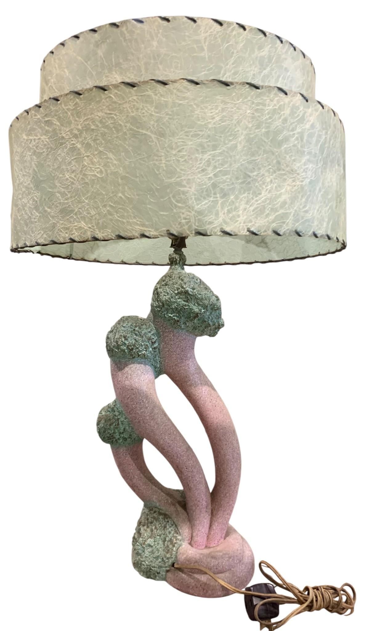Unique Vintage Mid Century Chalkware Table Lamp with 2 Tier Fiberglass Shade, Reglor of California (1 of 12)